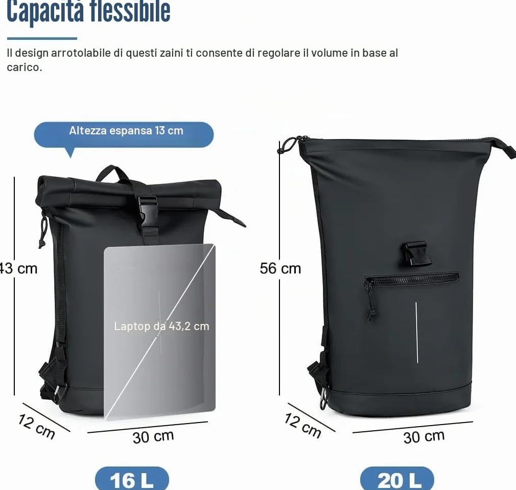 Lekeinchi Zaino Rolltop Uomo Donna Porta PC 17 Pollici | Zaino Impermeabile Uomo Donna - Grande Zaino con Strisce Riflettenti, Zaini da Viaggio Espandibile - Scuola Lavoro Università Ciclismo - Nero