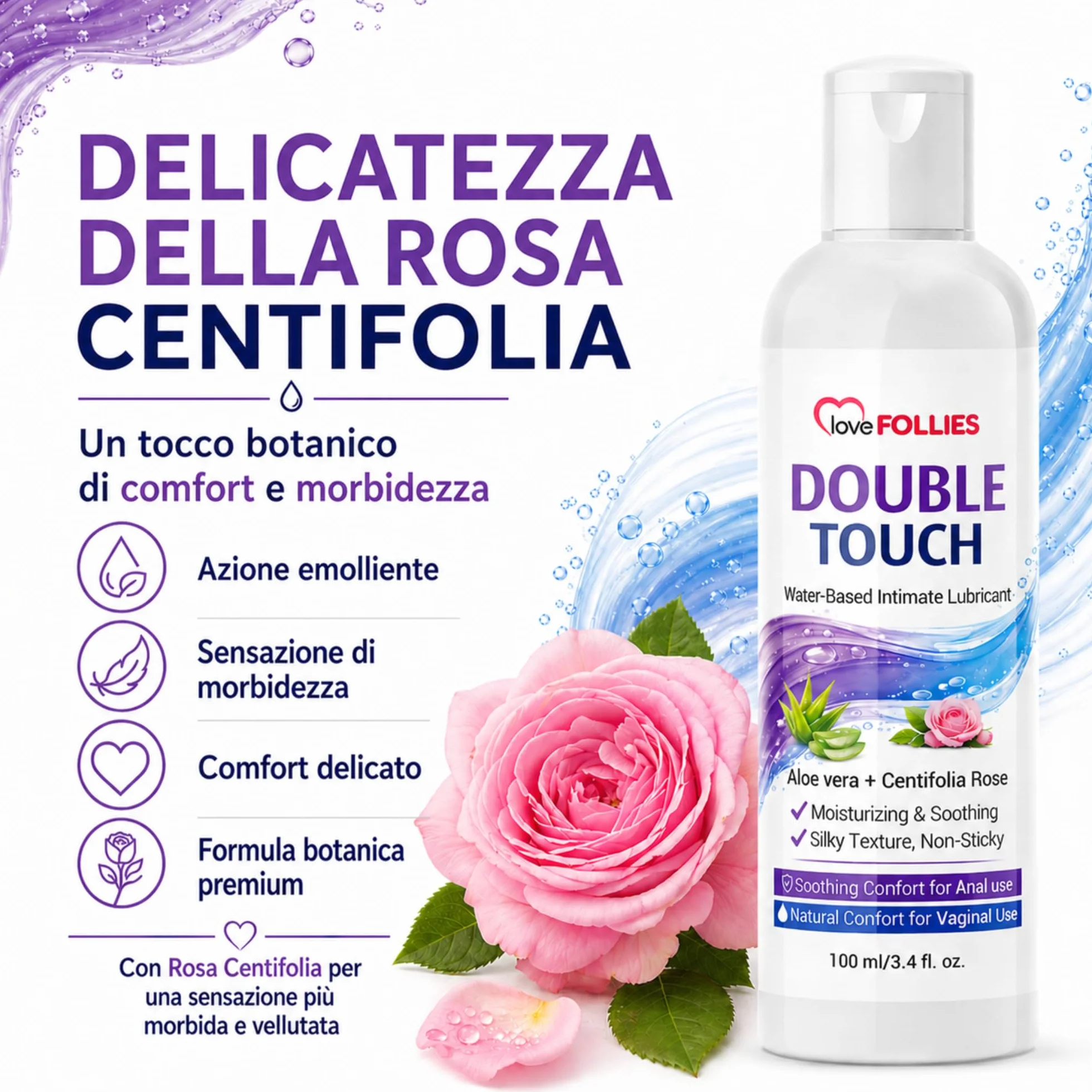 Gel Lubrificante Intimo Double Touch All'Acqua con Aloe Vera e Rosa Centifolia, 100 ml