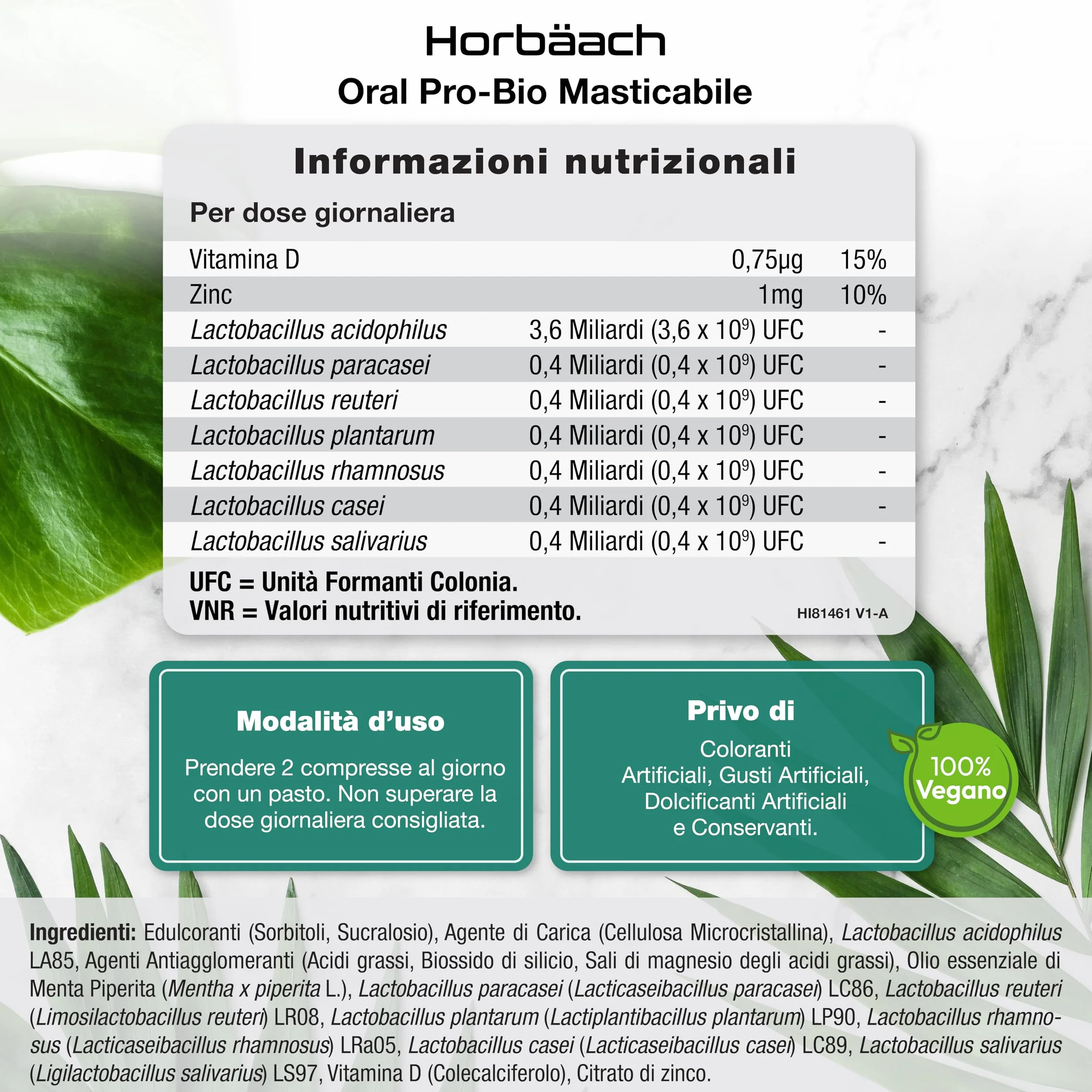 Horbaach Probiotici Orali 60 Compresse Masticabili Vegane Sapore Menta Integratore Alitosi Lactobacillus Acidophilus Reuteri 6 Miliardi CFU