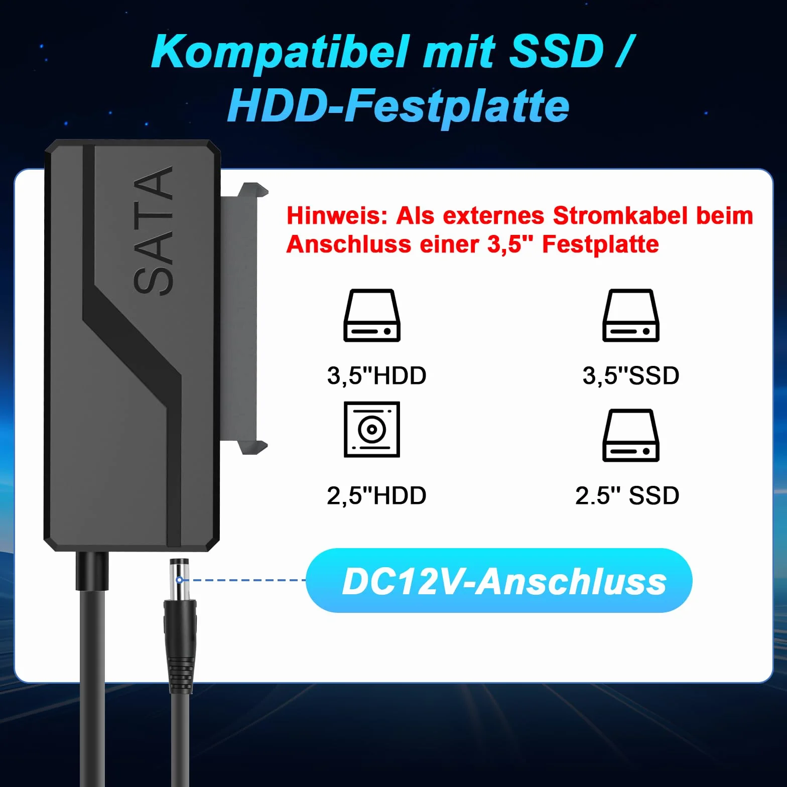 Adattatore Sata to USB 3.0 per Disco Rigido 2.5" 3.5" HDD SSD Convertitore SATA III II I Alimentazione DC 12V 2A UASP