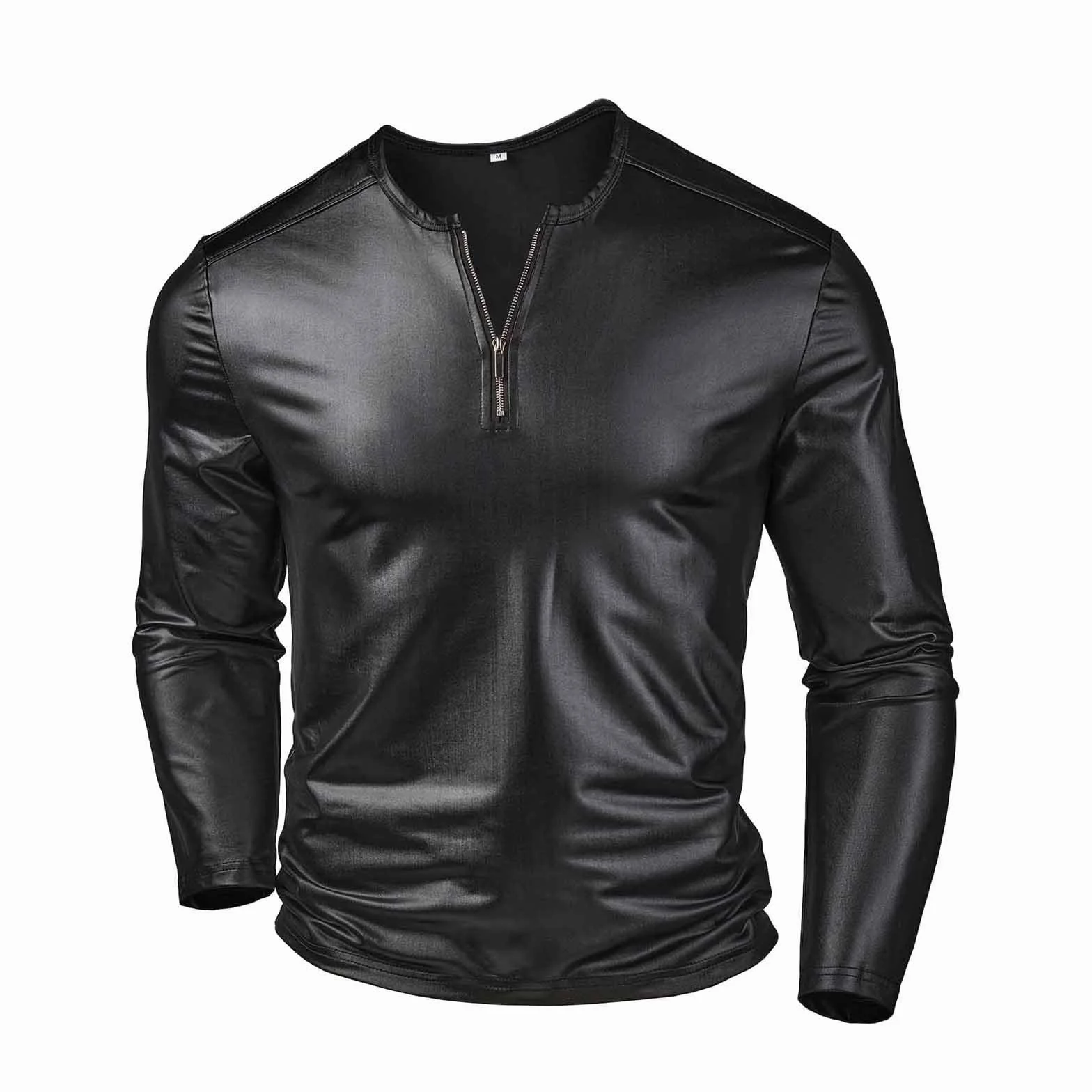 PU Leather Long Sleeve Shirt for Men Wet Look Zipper Casual Clubwear