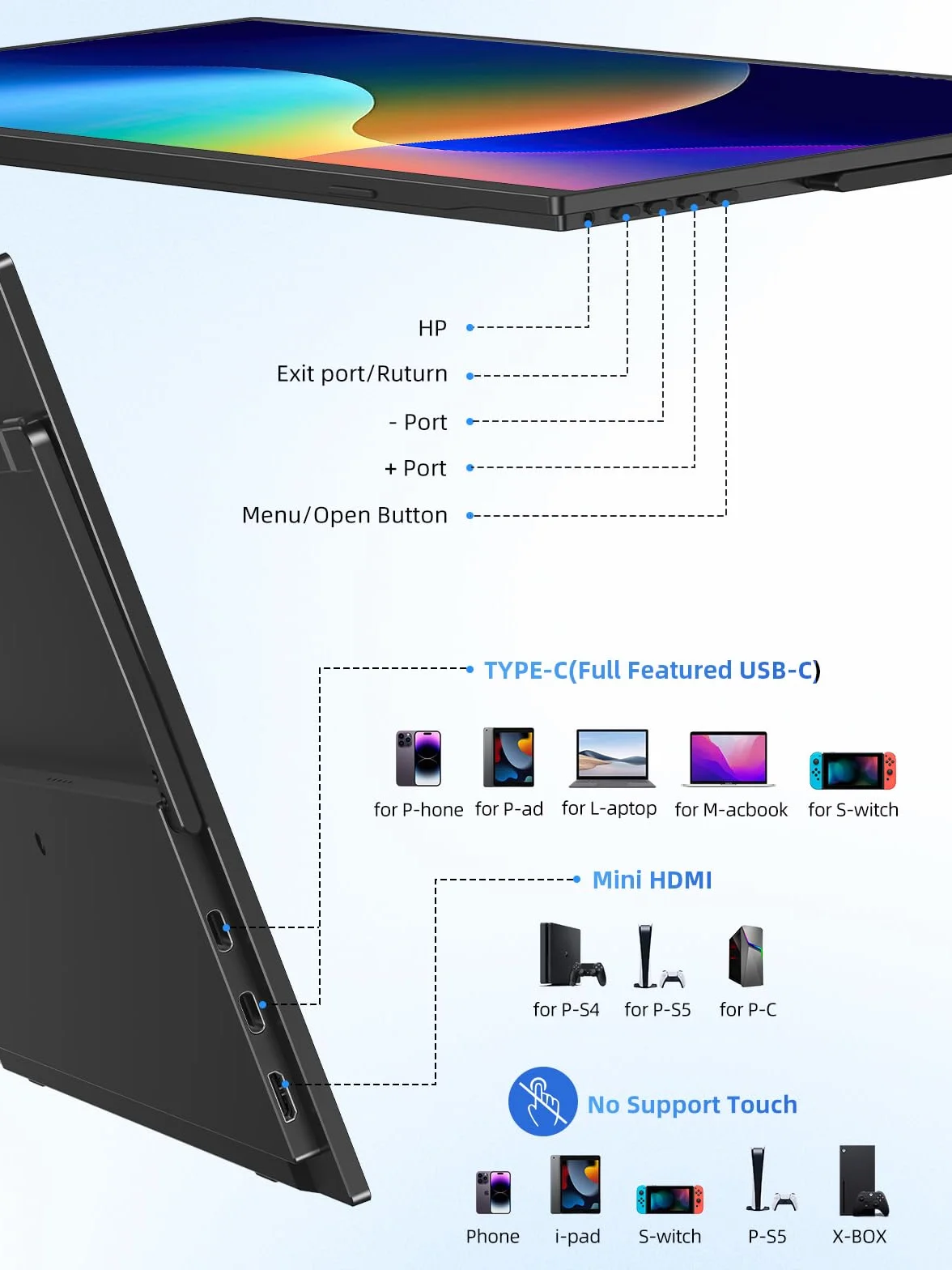 UPERFECT Monitor Portatile Touchscreen 15,6 Pollici 125% sRGB 2000:1 Sottile Schermo Dispaly IPS 1080P FHD Dual USB C Eye Care, Schermo Opaco per PC/Laptop/Fonini/Console di Gioco, Montaggio VESA