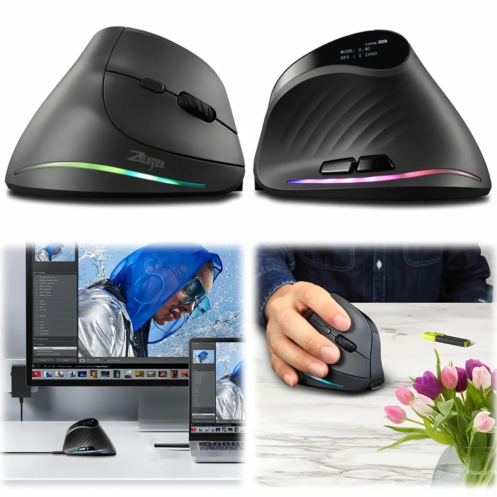 Mouse wireless verticale Mouse ergonomico ricaricabile Tri-Mode BT+2.4GHz+mouse ottico cablato