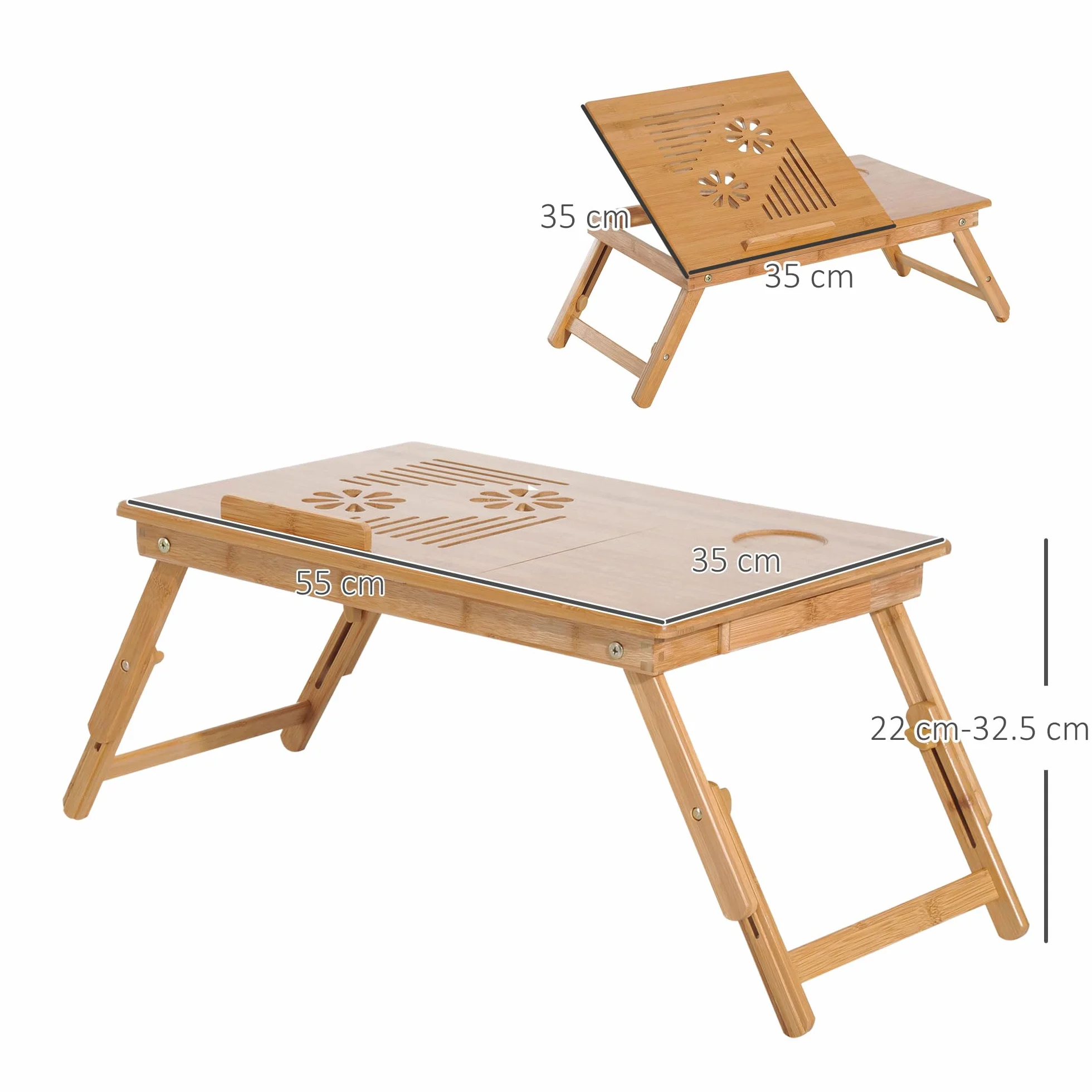 HOMCOM Tavolino da Letto per PC Portatile con Sistema di Raffreddamento in Bambù, 55x35x22-32.5cm
