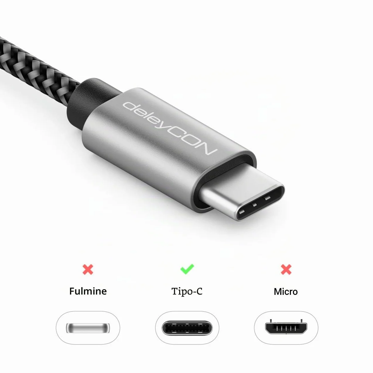 deleyCON 1,5m Nylon USB-C Ricarica Dati USB Tipo C Connettori Metallo Ricarica & Sincronizzazione Smartphone