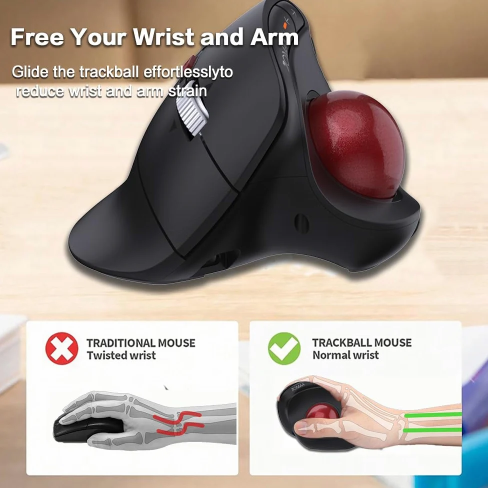 JOMAA Mouse wireless con trackball verticale, design ergonomico, commutazione a 3 dispositivi, 2,4 G/Bluetooth 5.0, ricaricabile di tipo C, DPI regolabile, compatibile con Windows/macOS/iOS/Android