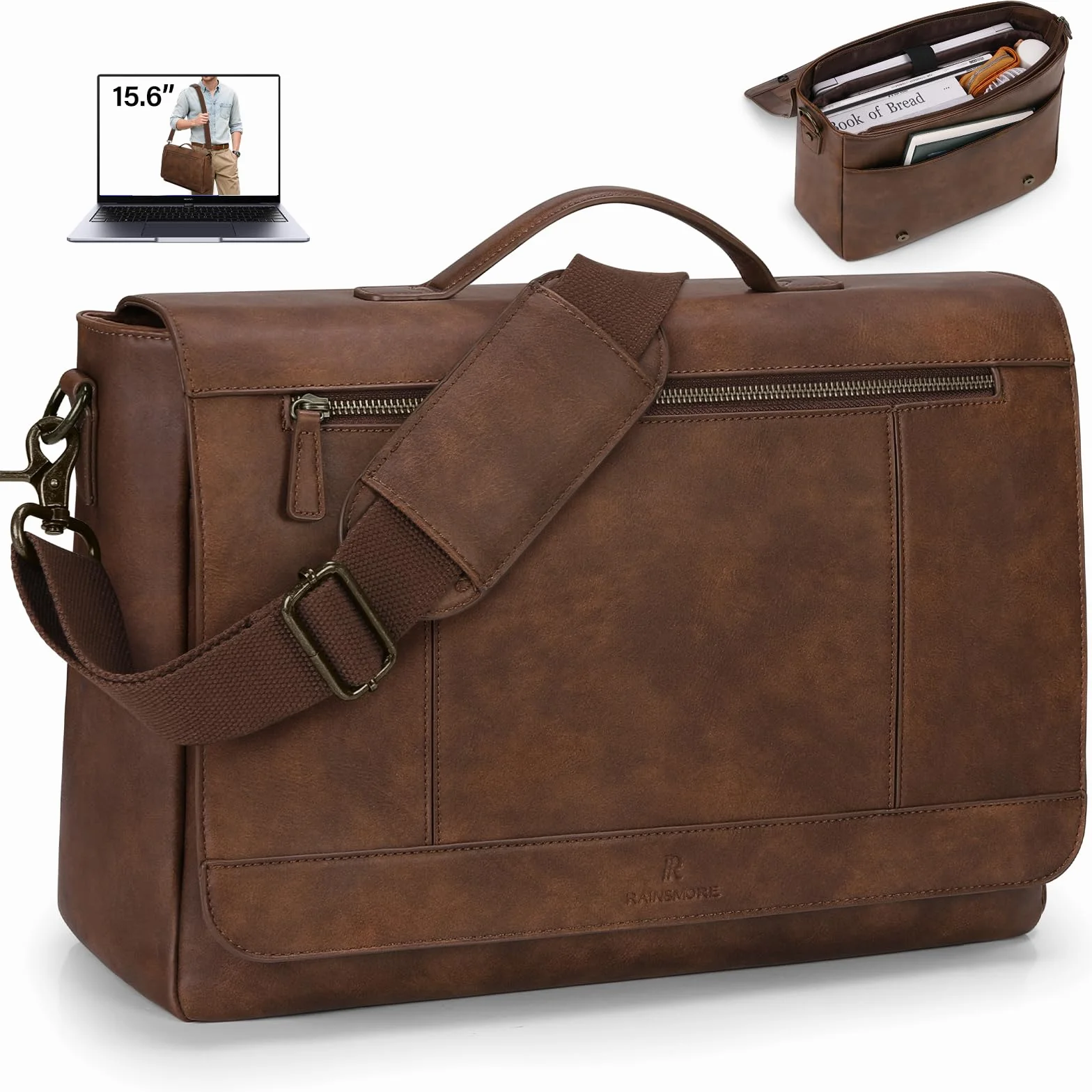 RAINSMORE Borsa messenger in pelle per uomo 15,6 pollici impermeabile borsa per computer vintage borsa a tracolla grande borsa a tracolla per lavoro ufficio università
