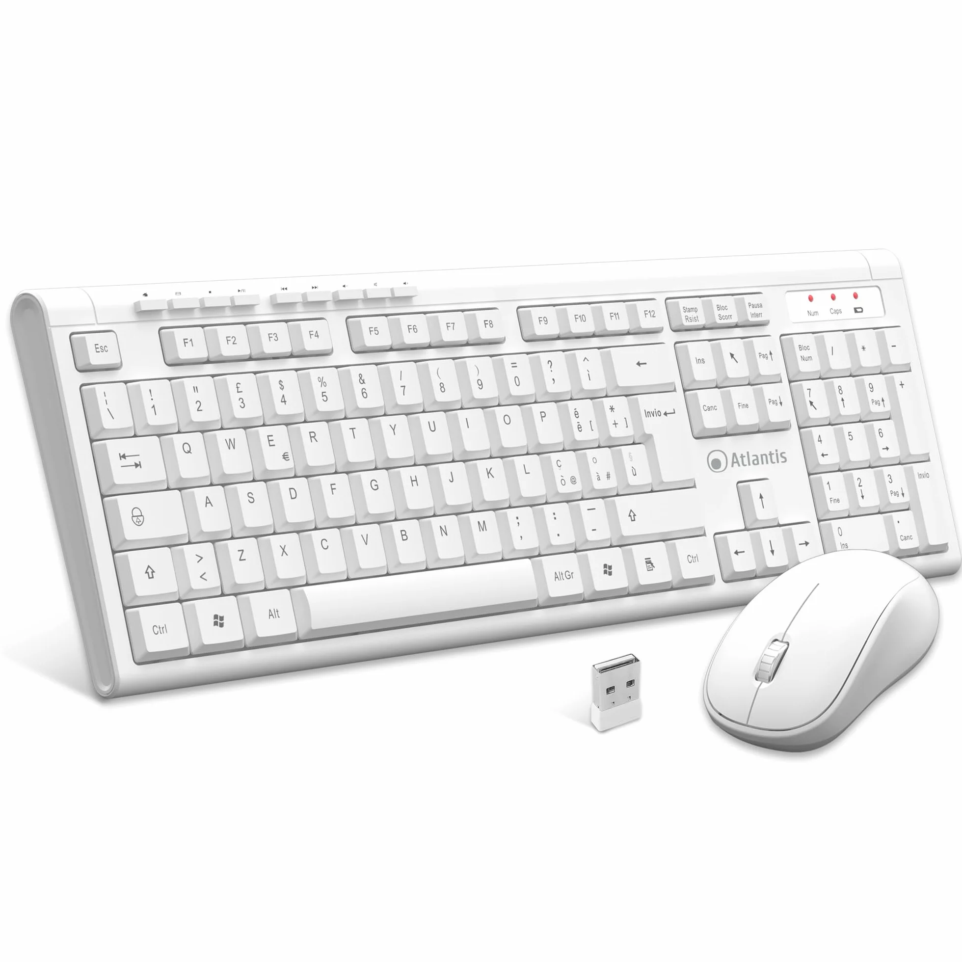 Atlantis Combo Kit Tastiera e Mouse Wireless senza fili, Multimediale, Layout Italiano QWERTY, 9 Tasti di scelta rapida, per PC/Laptop/Notebook, ricevitore USB unico, cod. P013-AX280G+M, Bianco.