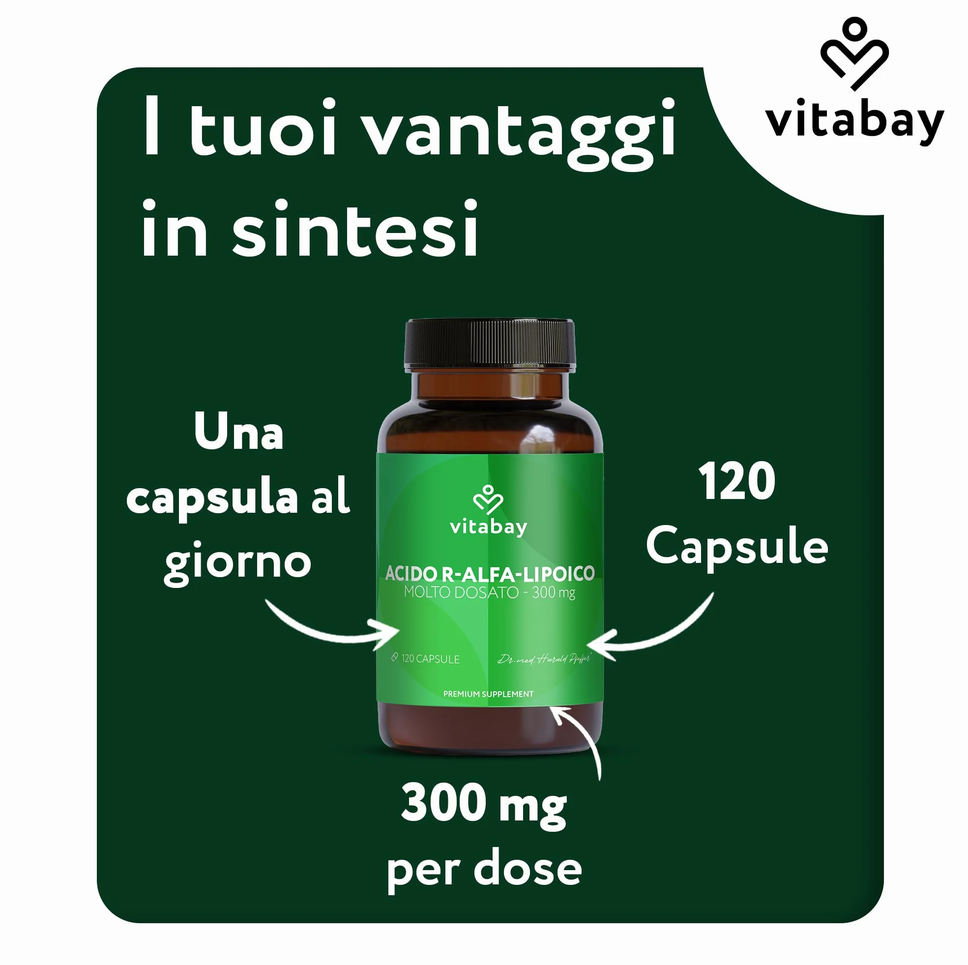Vitabay Acido R-Alfa Lipoico 300 mg 120 capsule vegane Alpha Lipoic Acid ad alto dosaggio forma R naturale