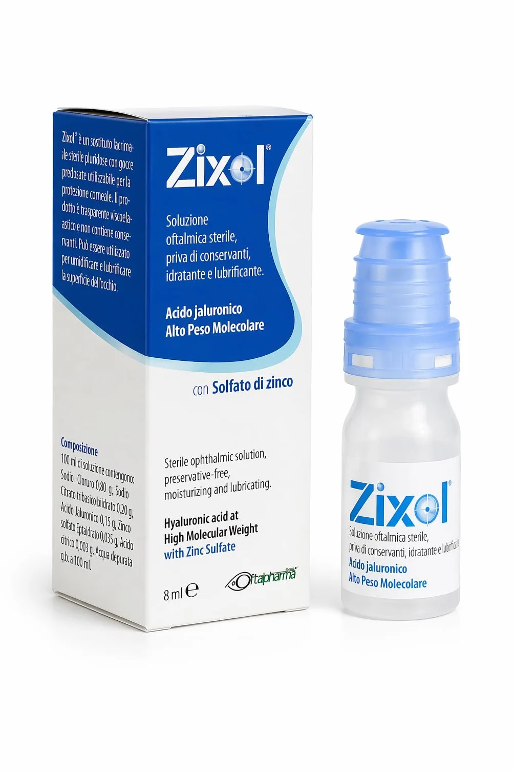 OFTALPHARMA Zixol 8 ml - gocce oculari con Acido Ialuronico e Zinco Solfato - Collirio Occhi Secchi