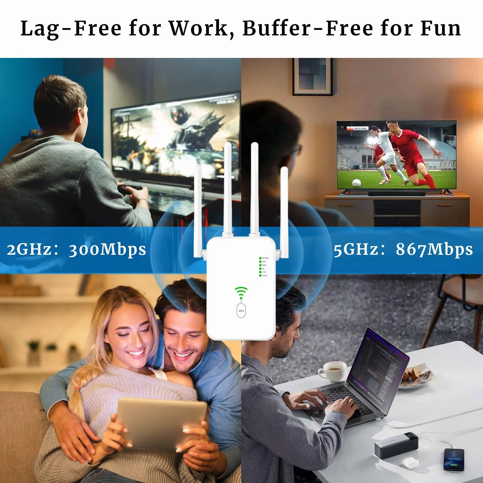 Amplificatore WLAN, ripetitore WLAN 1200 Mbit/s con tecnologia a 4 antenne, WiFi a doppia banda coprente 2,4 + 5 GHz, senza zone morte, ricezione stabile per tutta la casa