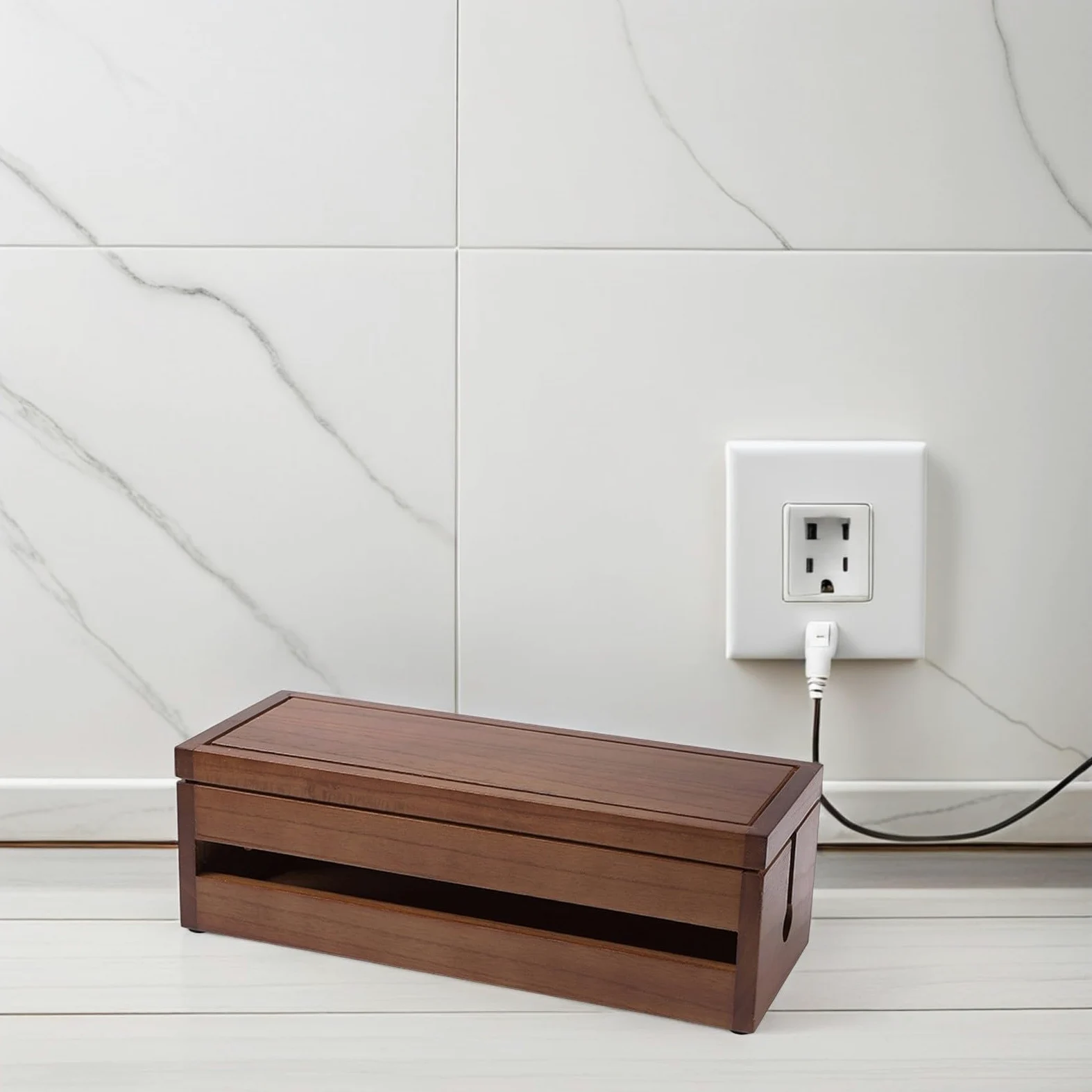 Scatola Organizzatrice Color Caffè Design Multifunzionale in Legno di Paulownia e Dissipazione del Calore, Custodia per Presa e Cavi per Cavi
