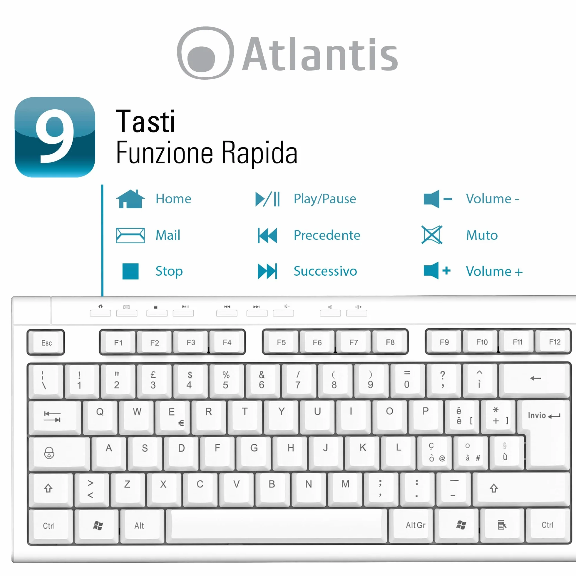 Atlantis Combo Kit Tastiera e Mouse Wireless senza fili, Multimediale, Layout Italiano QWERTY, 9 Tasti di scelta rapida, per PC/Laptop/Notebook, ricevitore USB unico, cod. P013-AX280G+M, Bianco.