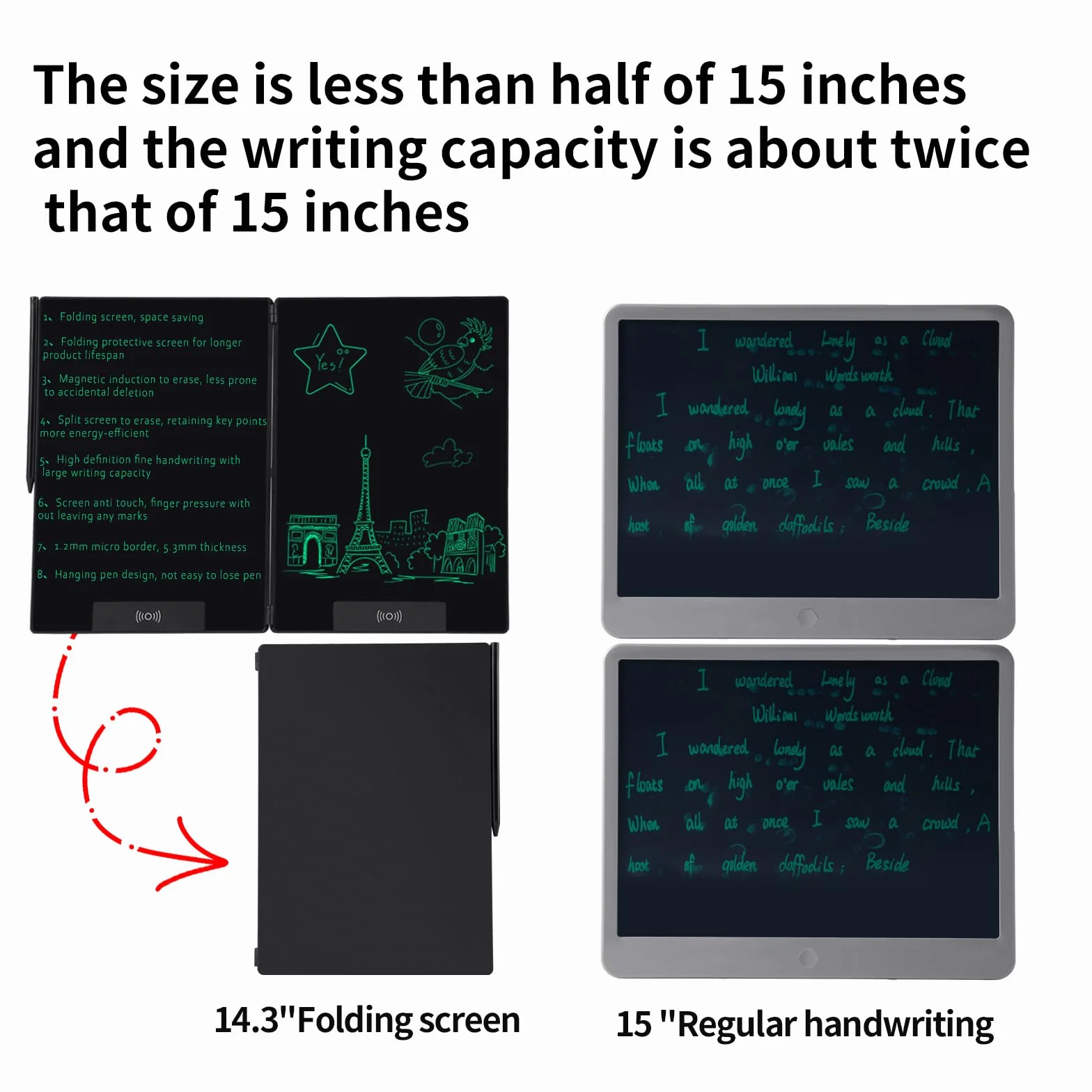 EMEBAY Tablet da scrittura LCD pieghevole 14,4", ultra sottile, per bambini e adulti