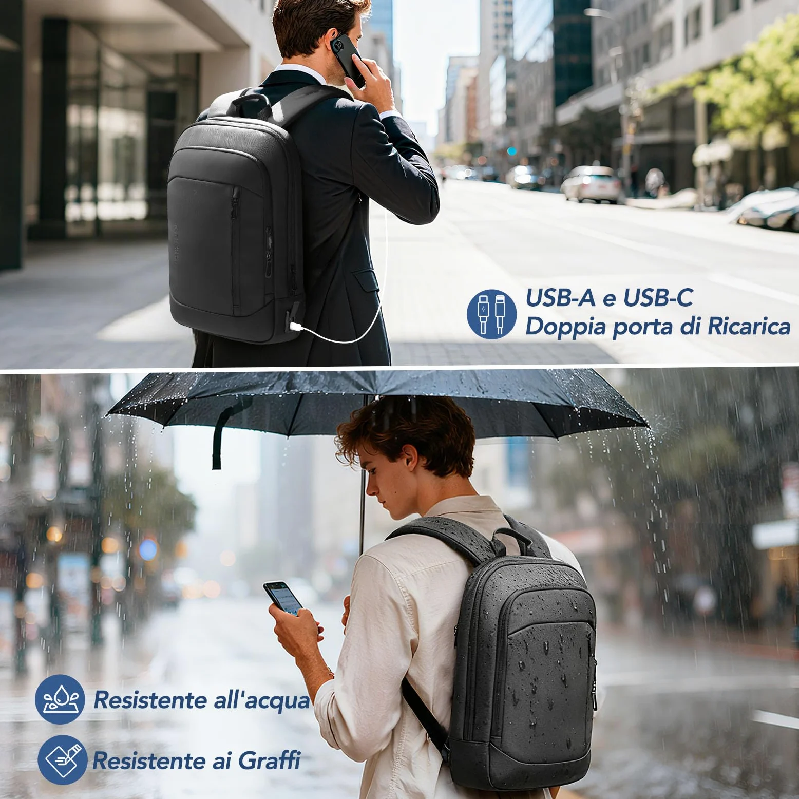 Zaino Ultra Sottile da Uomo, Impermeabile per Zaino porta PC | Laptop da 15,6 pollici con Porte di Ricarica USB A&C, Leggero e Antifurto per Lavoro Ufficio Viaggi e Viaggi d'Affari, Nero