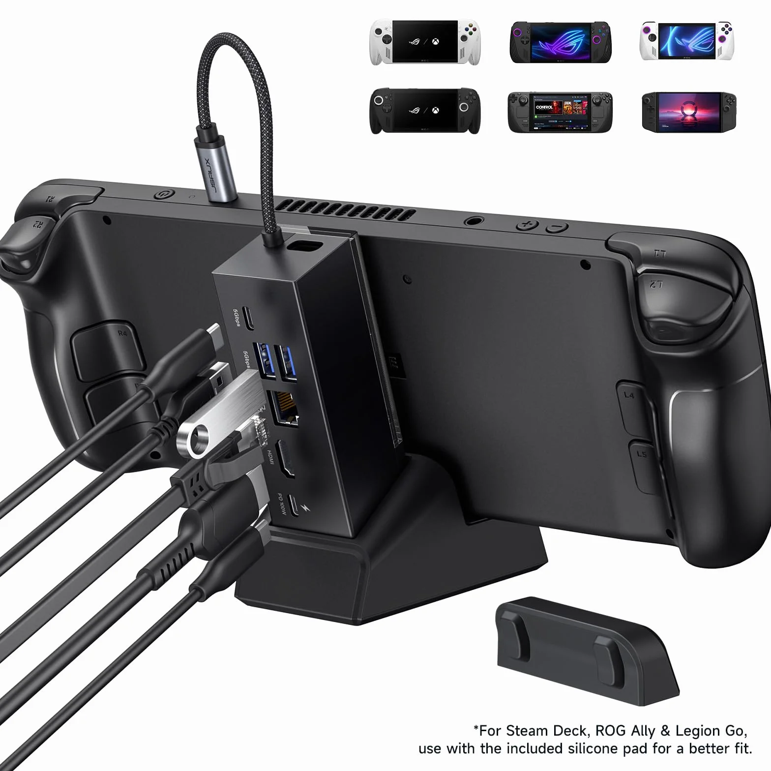 JSAUX Docking Station per ROG Xbox Ally X (2025)/ROG Ally X/ROG Ally X/Steam Deck/Legion Go, Dock 6 in 1 con HDMI 4K@120Hz, Ethernet Gigabit, USB-A e USB-C 3.2 Gen 1, ricarica 100W – HB0609 nero