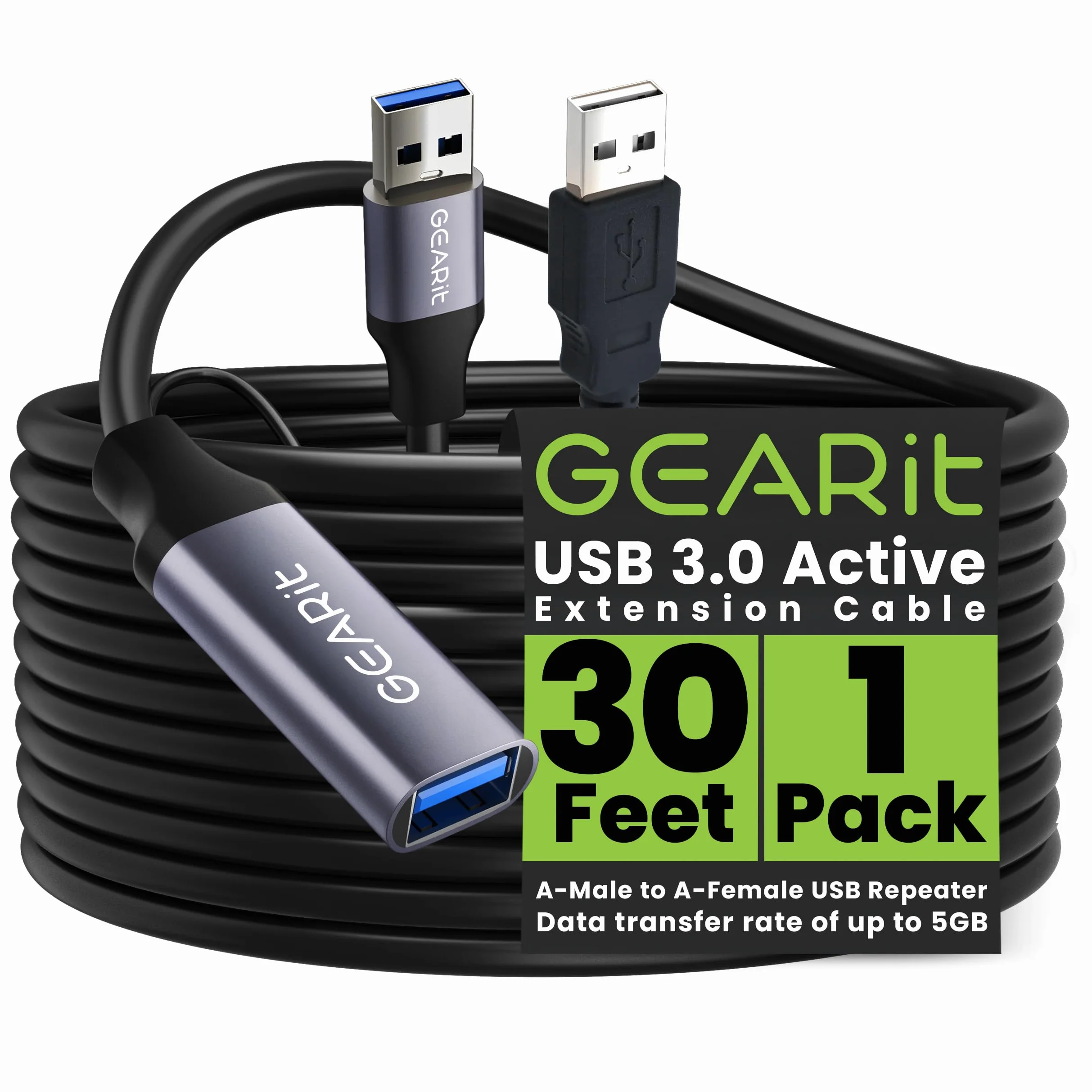GEARit Cavo di prolunga attivo USB 3.0 (9,1 m), da maschio A a femmina A, ripetitore USB con ripetitore di segnale per Oculus Rift, Quest Link, Xbox 360 Kinect, PlayStation, stampante, webcam, 9,1 m