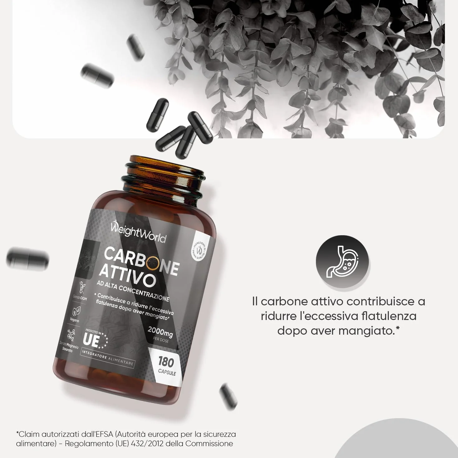 Carbone Vegetale Attivo 2000mg 180 Capsule Vegane, Riduce l'Eccessiva Flatulenza Dopo Aver Mangiato