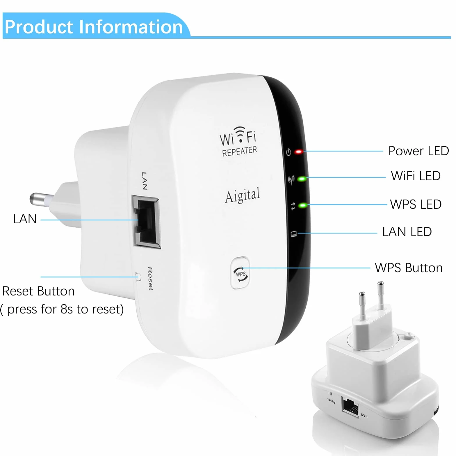 Ripetitore Wireless WiFi Extender e Access Point per Casa, Amplificatore Segnale WiFi, Velocità Single Band 300Mbps, Porta LAN, Pulsante WPS, Compatibile con tutti i modem router wifi
