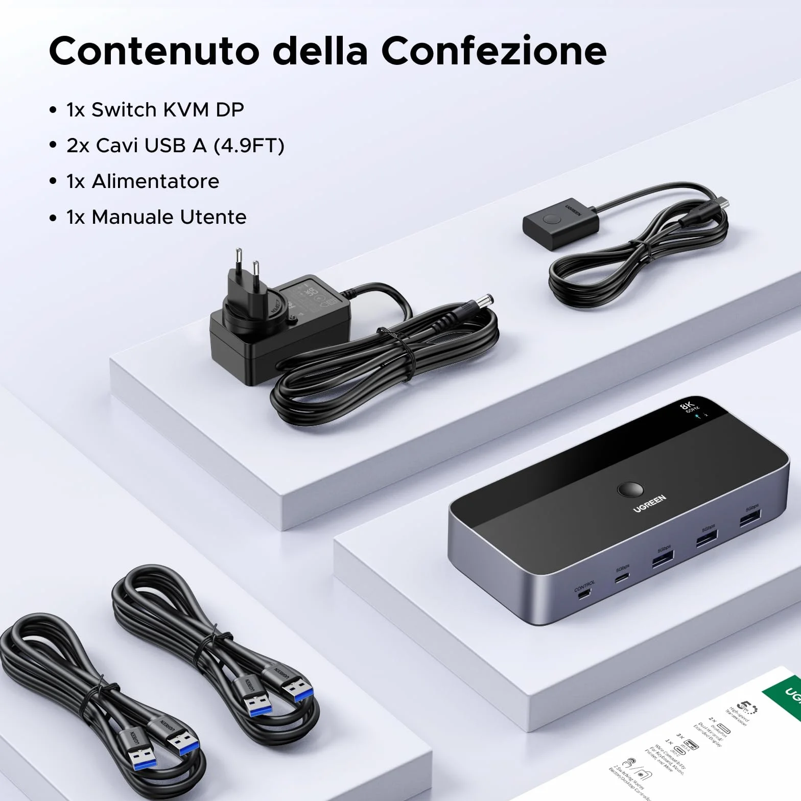 UGREEN Switch KVM DisplayPort 2 Ingressi 2 Uscite 8K 60Hz 4K 240Hz Doppio Schermo Commutatore KVM con 4 Porte USB 3A1C 5Gbps per Tastiera, Mouse, Disco Rigido, Controller da Ufficio, Cavi USB Inclusi