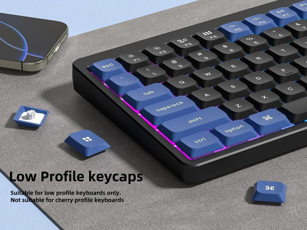 Keycaps Low Profile, Double Shot PBT 60 75 100%, PC materiale trasparente per tastiera, blu scuro/blu per la maggior parte degli switch MX Tastiera meccanica (solo tastierini)