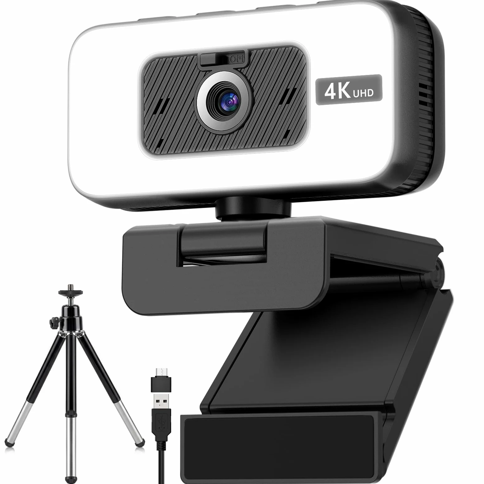 Webcam 4K, fotocamera per PC con messa a fuoco automatica e microfono per laptop | FOV - Webcam USB per PC, 80°, con treppiede, webcam con luce per live streaming, lezioni online, videoconferenze