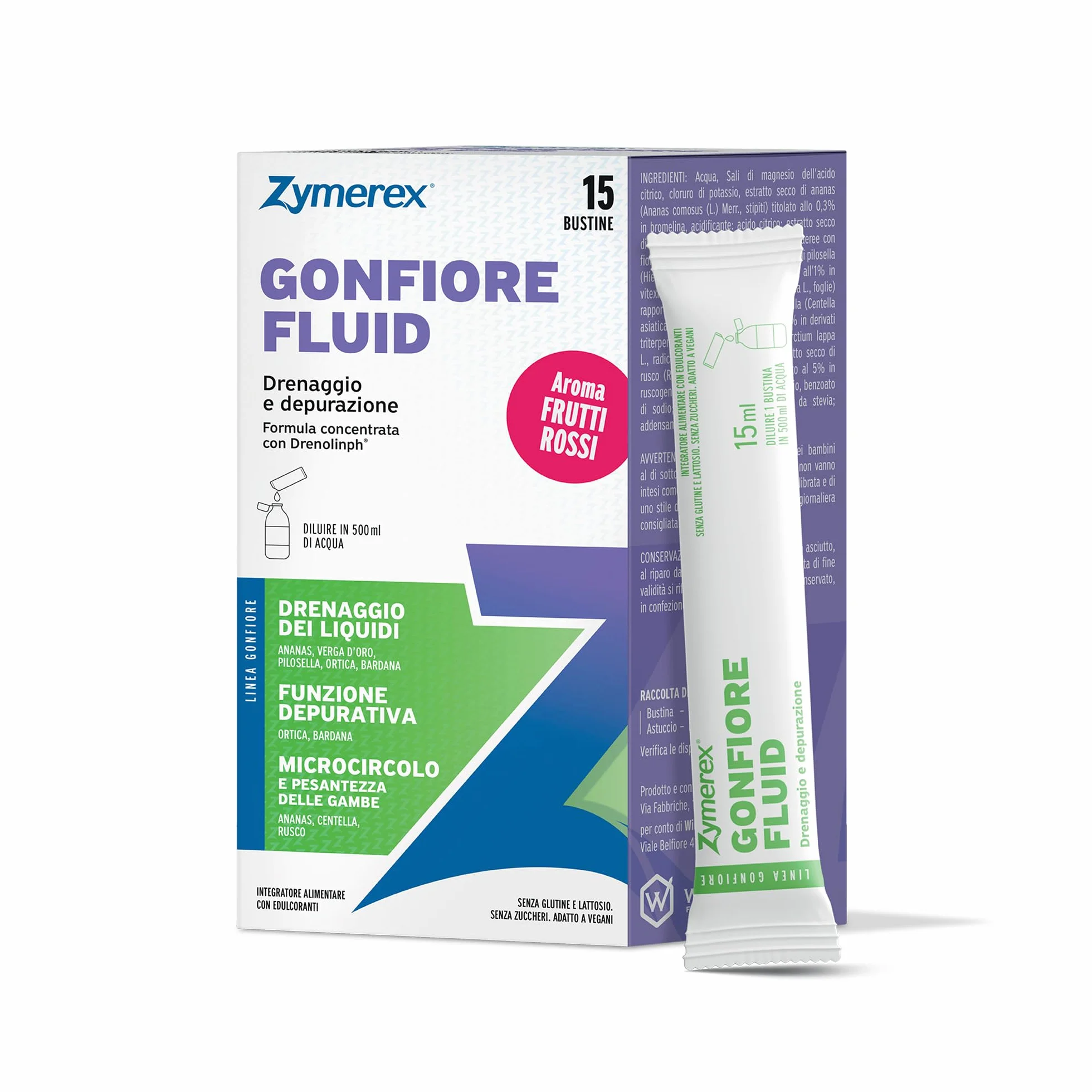 GONFIORE FLUID aroma FRUTTI ROSSI 15 Bustine monodose Drenaggio liquidi Depurazione Senza glutine e lattosio