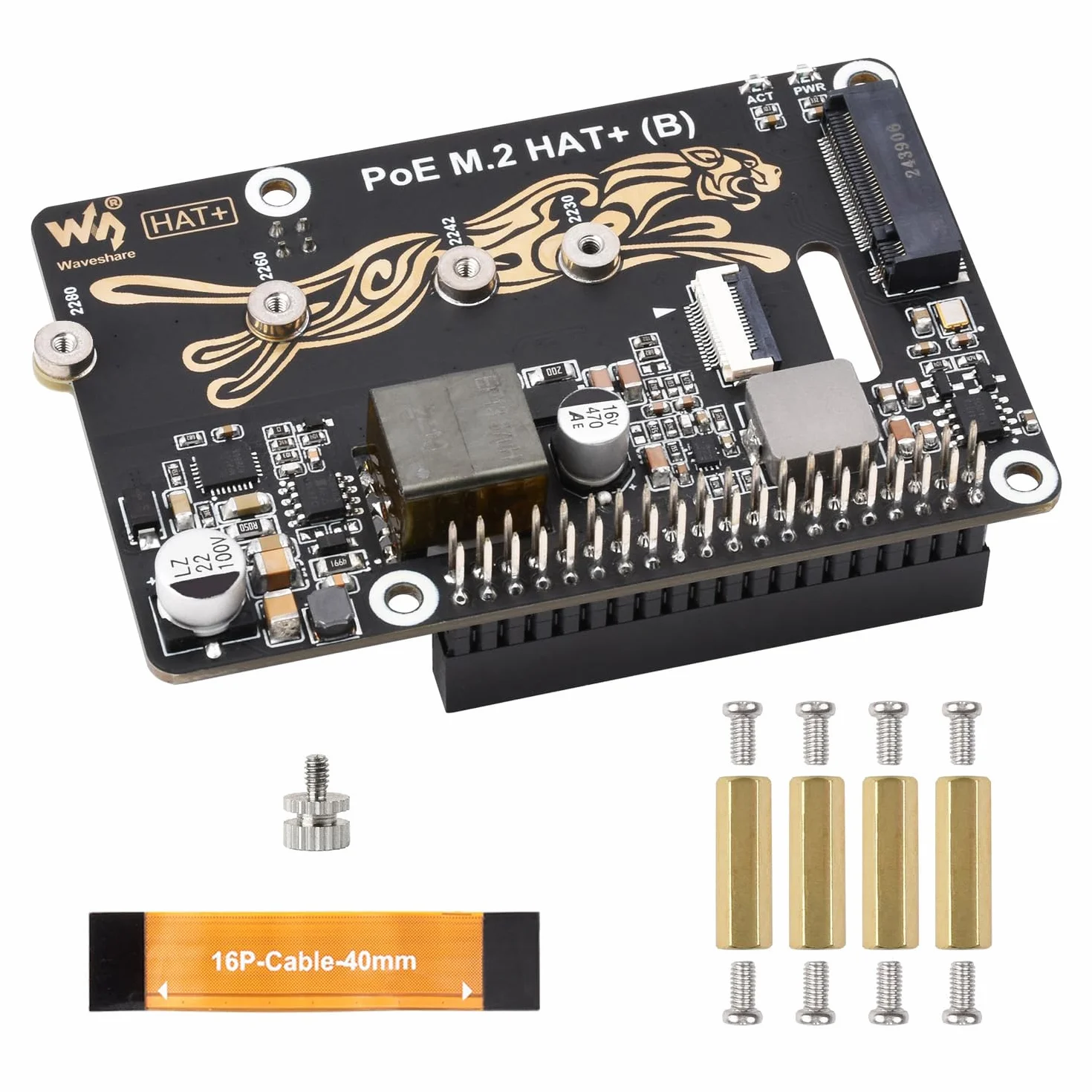 Waveshare PCIe to M.2 Adapter with PoE Function HAT+ (B), Compatible with Raspberry Pi 5, Supports POE NVMe Drive Protocol 2230/2242 / 2260/2280 M.2 Solid State Drive, High-Speed Reading/Writing