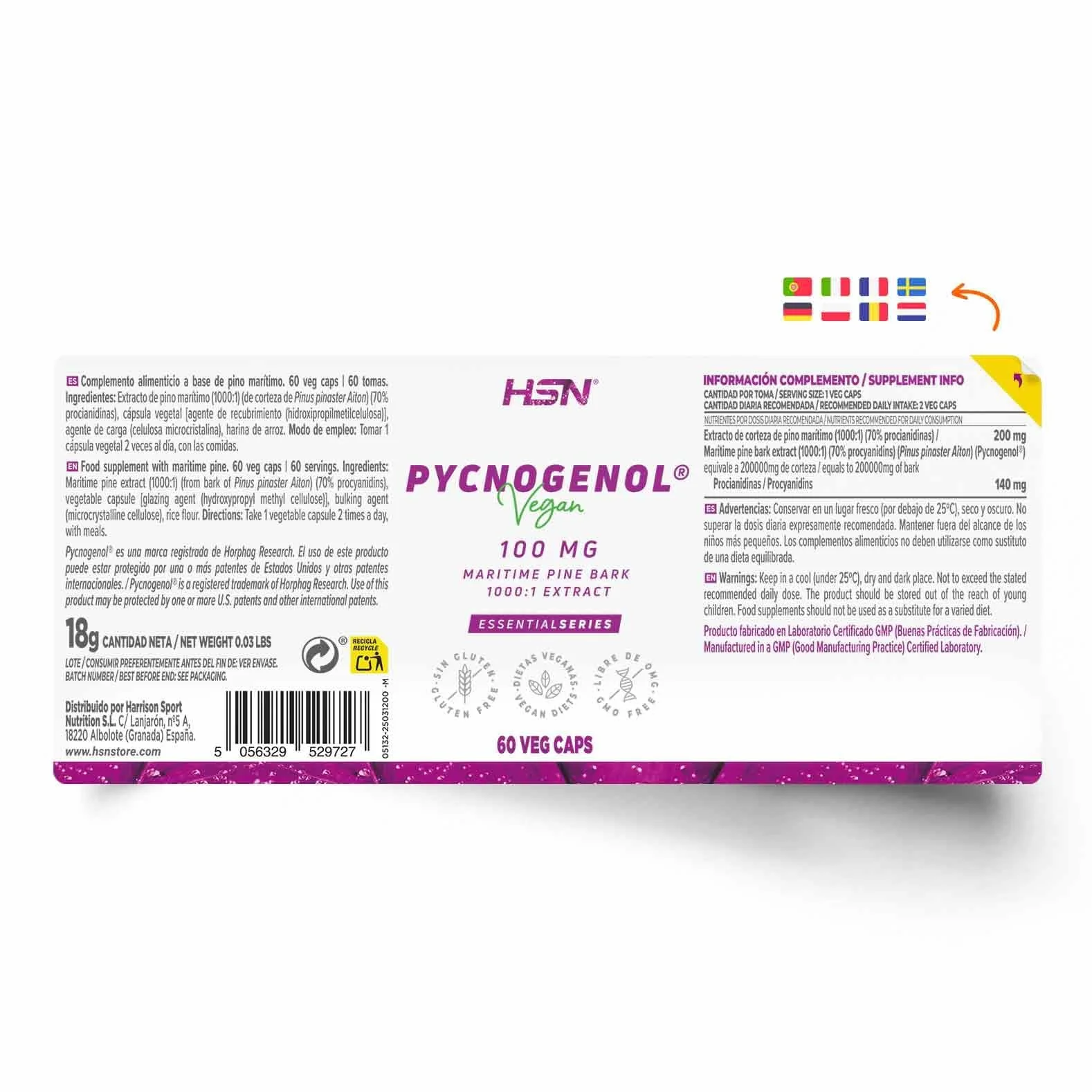 HSN Pycnogenol® 100mg 60 Capsule Vegetali Estratto di Corteccia di Pino Marittimo Francese Standardizzato 70% Proantocianidine Non-OGM Vegano