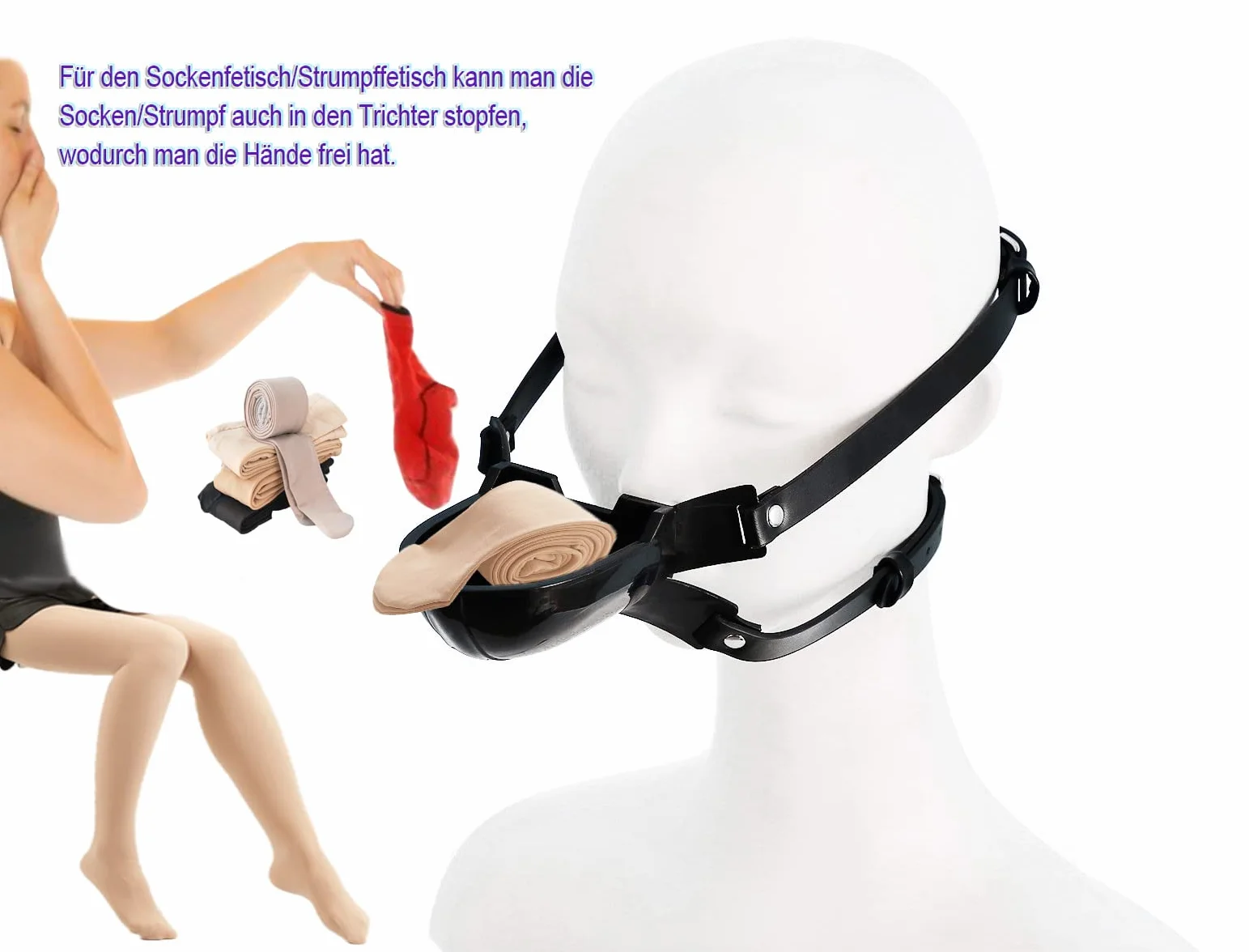 Mordacchia per donna bondage nera per uso estremo, imbracatura e cappuccio sexy con manette