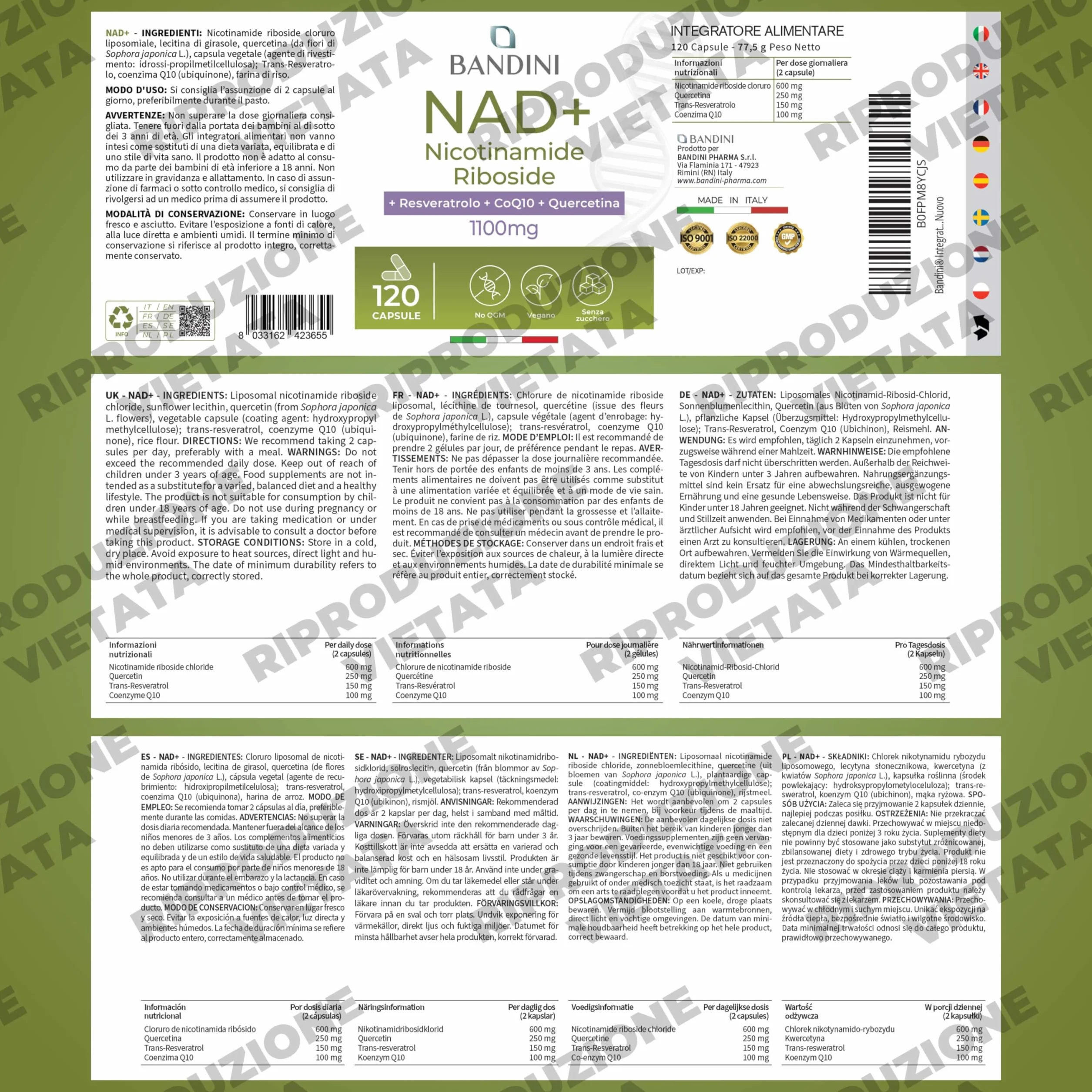 Bandini NAD+ Liposomiale 120 Capsule Vegane 1100mg per dose Anti-Age Energia Cellulare No OGM