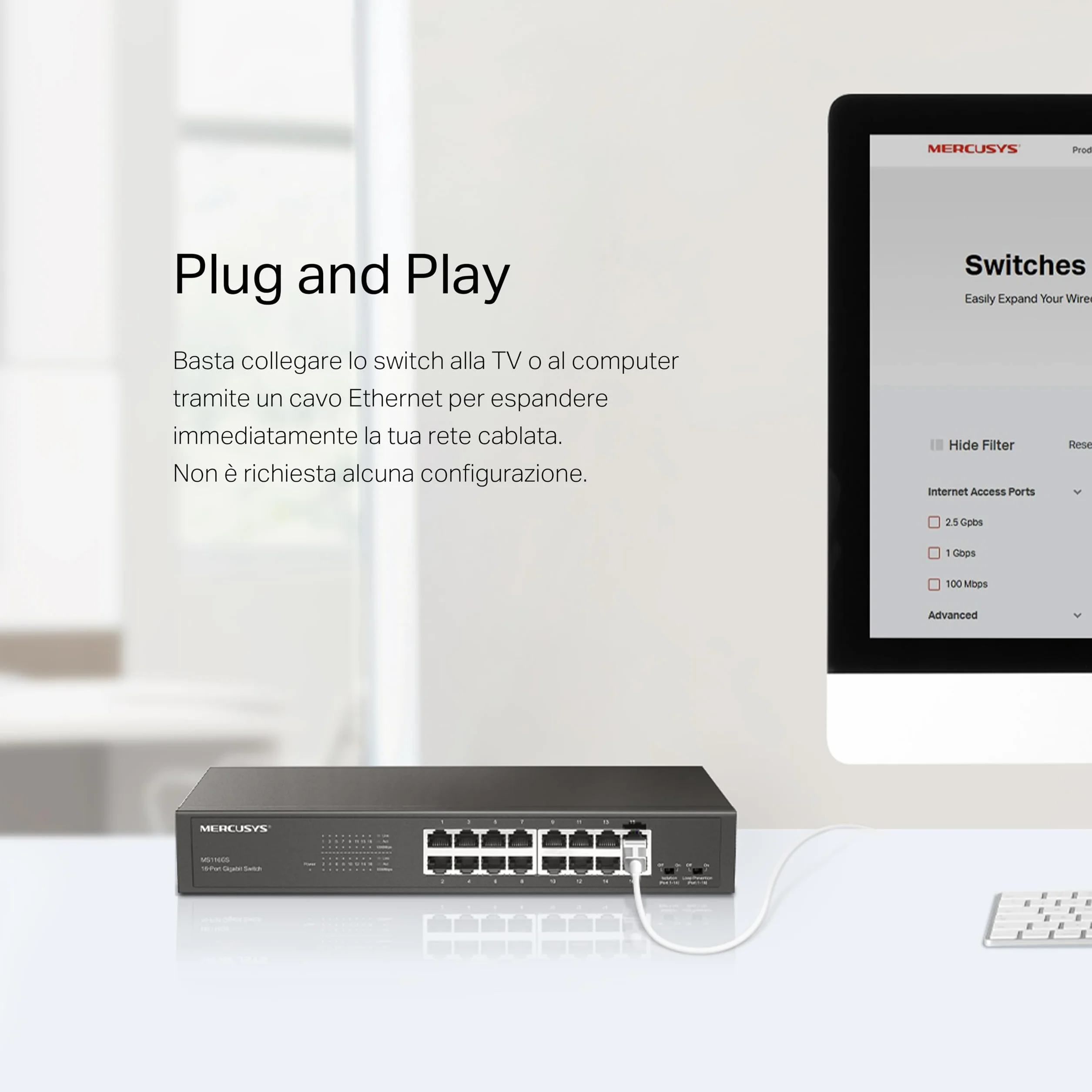 TP-Link Mercusys MS116GS Switch Gigabit 16 Porte, Montaggio Desktop o Rack, Plug & Play, Priorità del Traffico, Prevenzione Loop, Modalità di Isolamento, Funzionamento Silenzioso, Case in Metallo