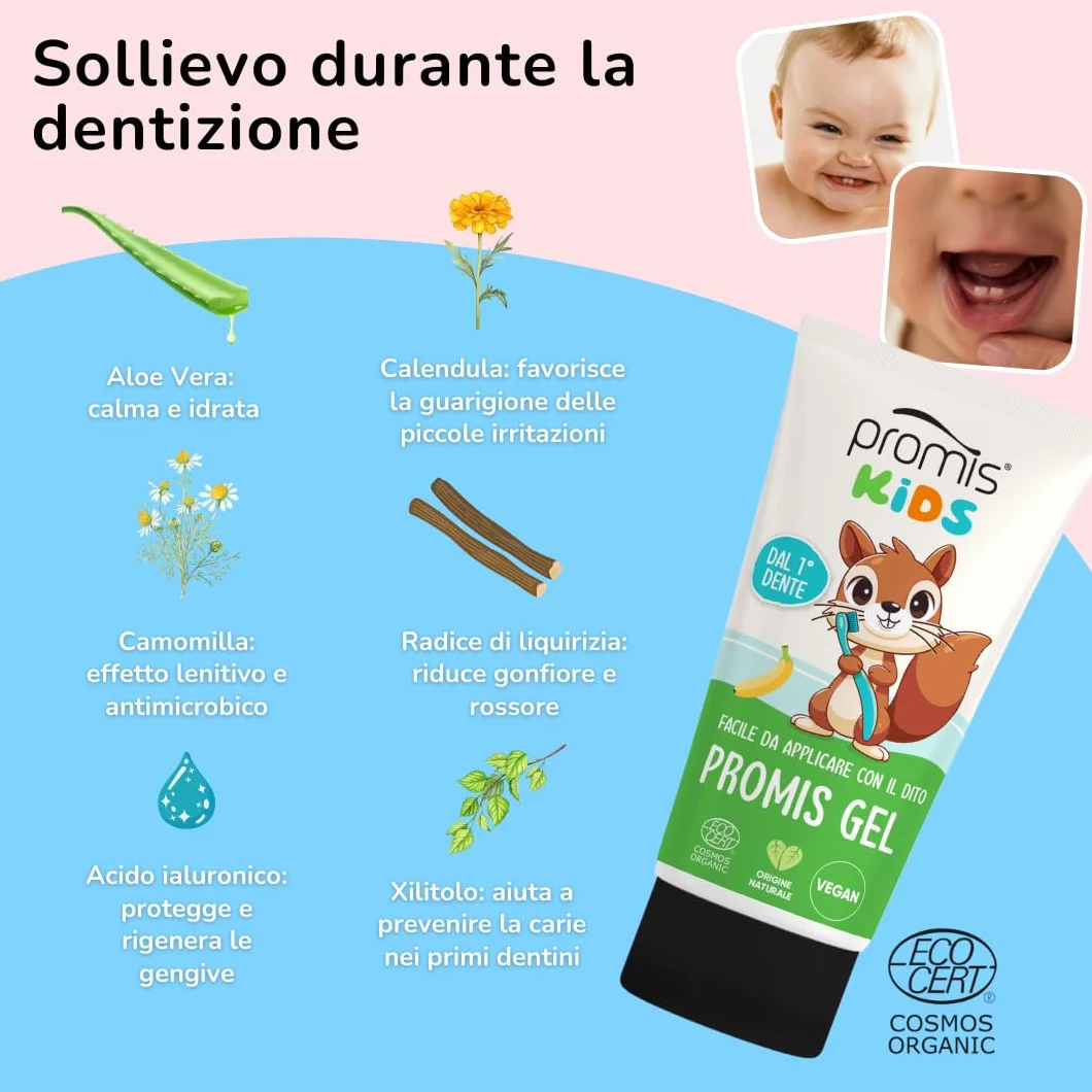 PROMIS Gel Kids Dentizione Naturale Sollievo Gengive Banana Bio Vegano con Aloe Vera Camomilla Calendula Acido Ialuronico
