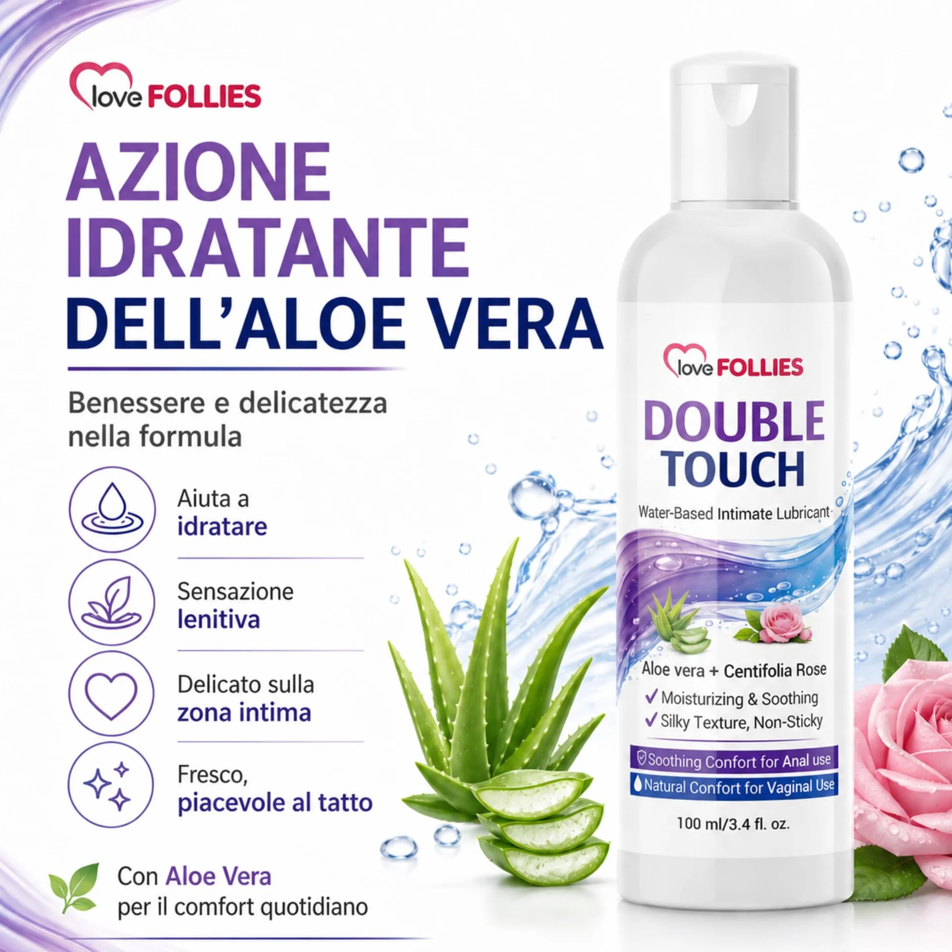 Gel Lubrificante Intimo Double Touch All'Acqua con Aloe Vera e Rosa Centifolia, 100 ml
