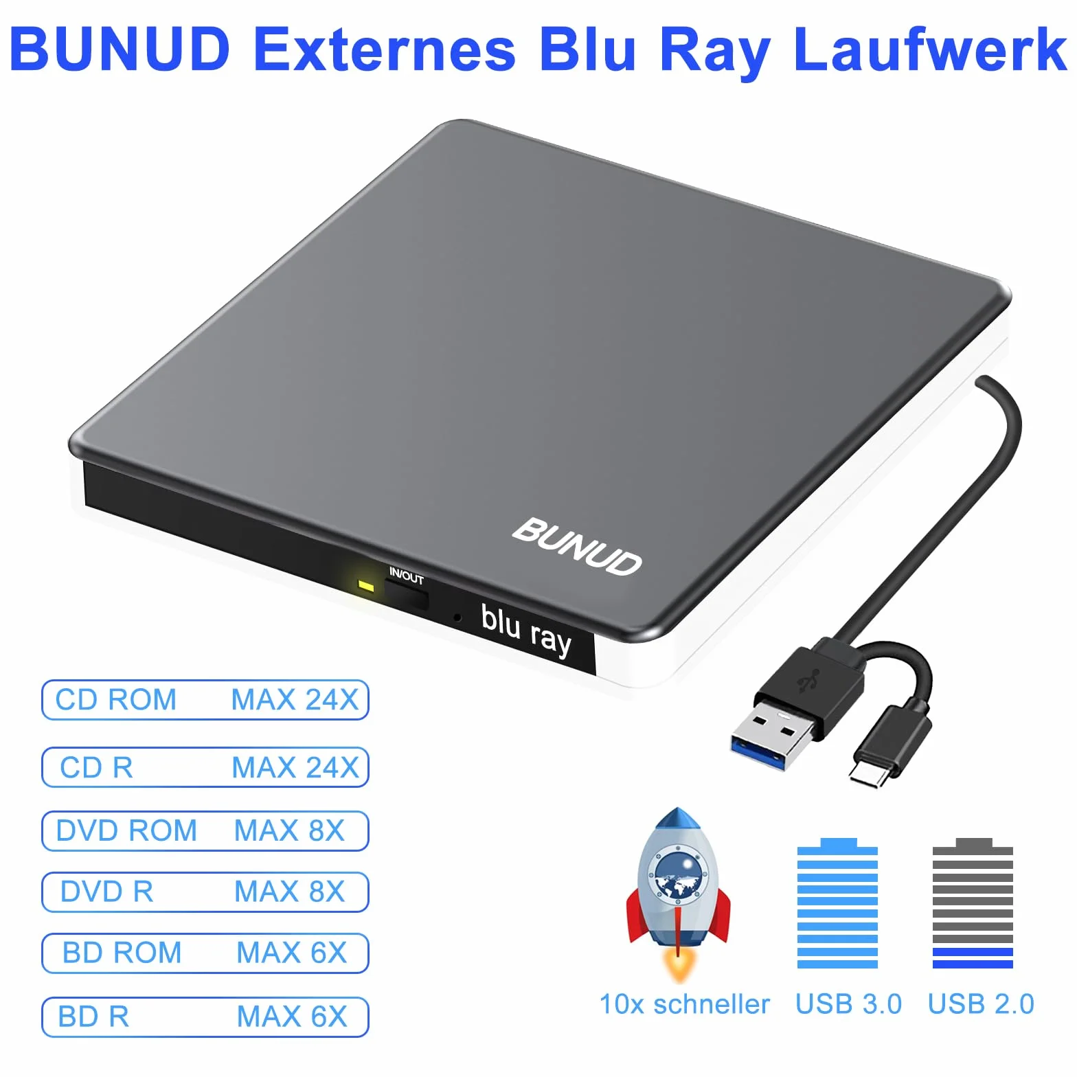 Blu-Ray CD DVD drive esterno USB 3.0 Type C masterizzatore CD/DVD Blu-ray Writer 3D BD Portable per PC Laptop Windows 11/10 Mac MacBook Pro/Air iMac