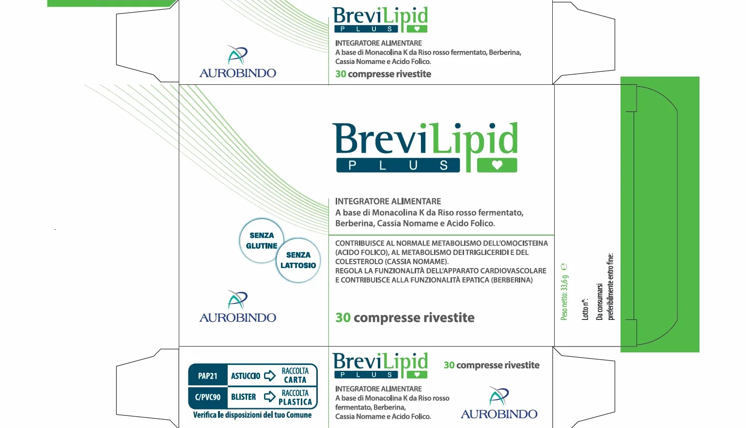 Brevilipid plus 30 compresse - Riso rosso fermentato, Berberina, Coenzima Q10, Astaxantina, Acido Folico