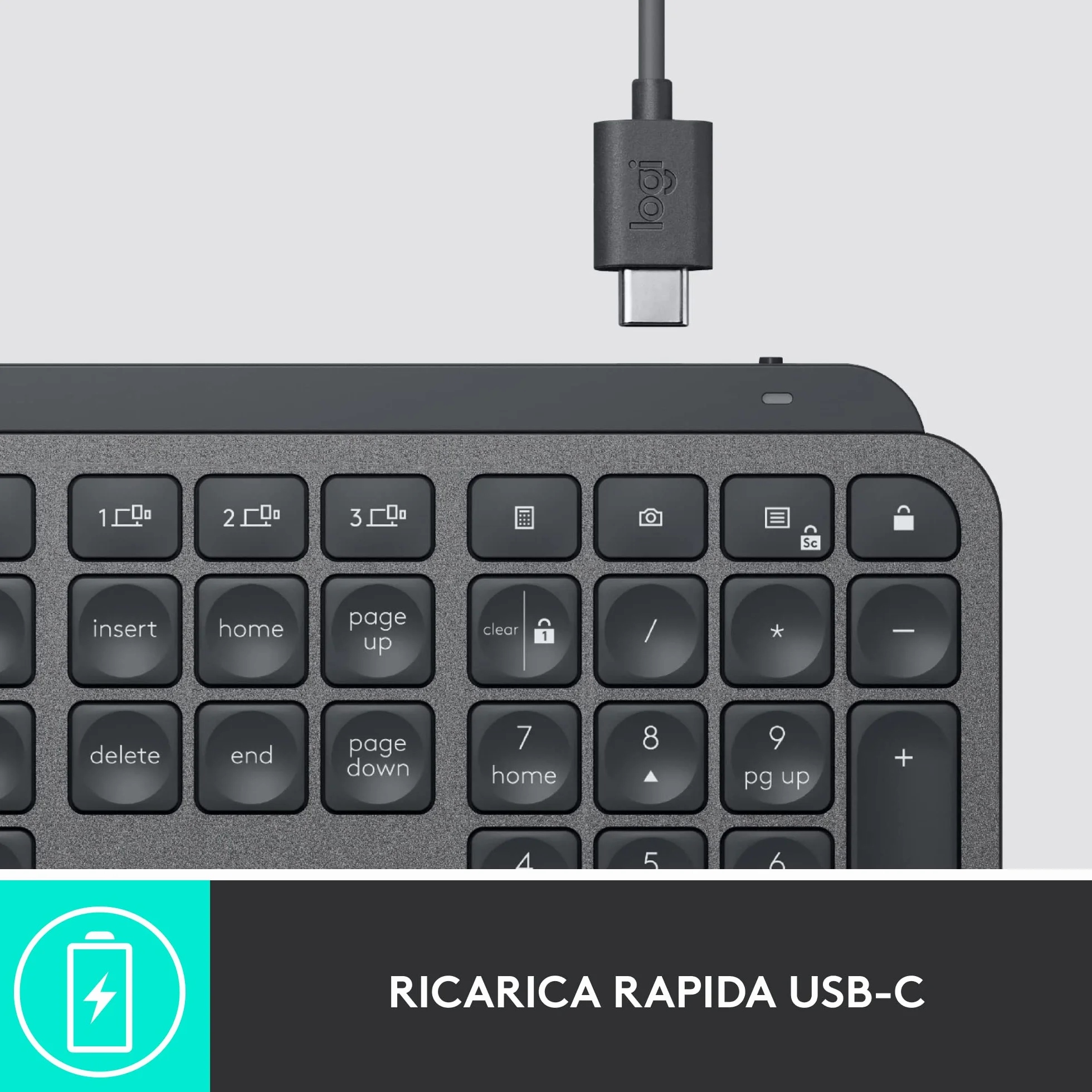 Logitech MX Keys Advanced for Business Tastiera wireless illuminata, ricevitore USB Logi Bolt, Bluetooth, tasti retroilluminati, ricaricabile, layout QWERTY Italiano - Grafite