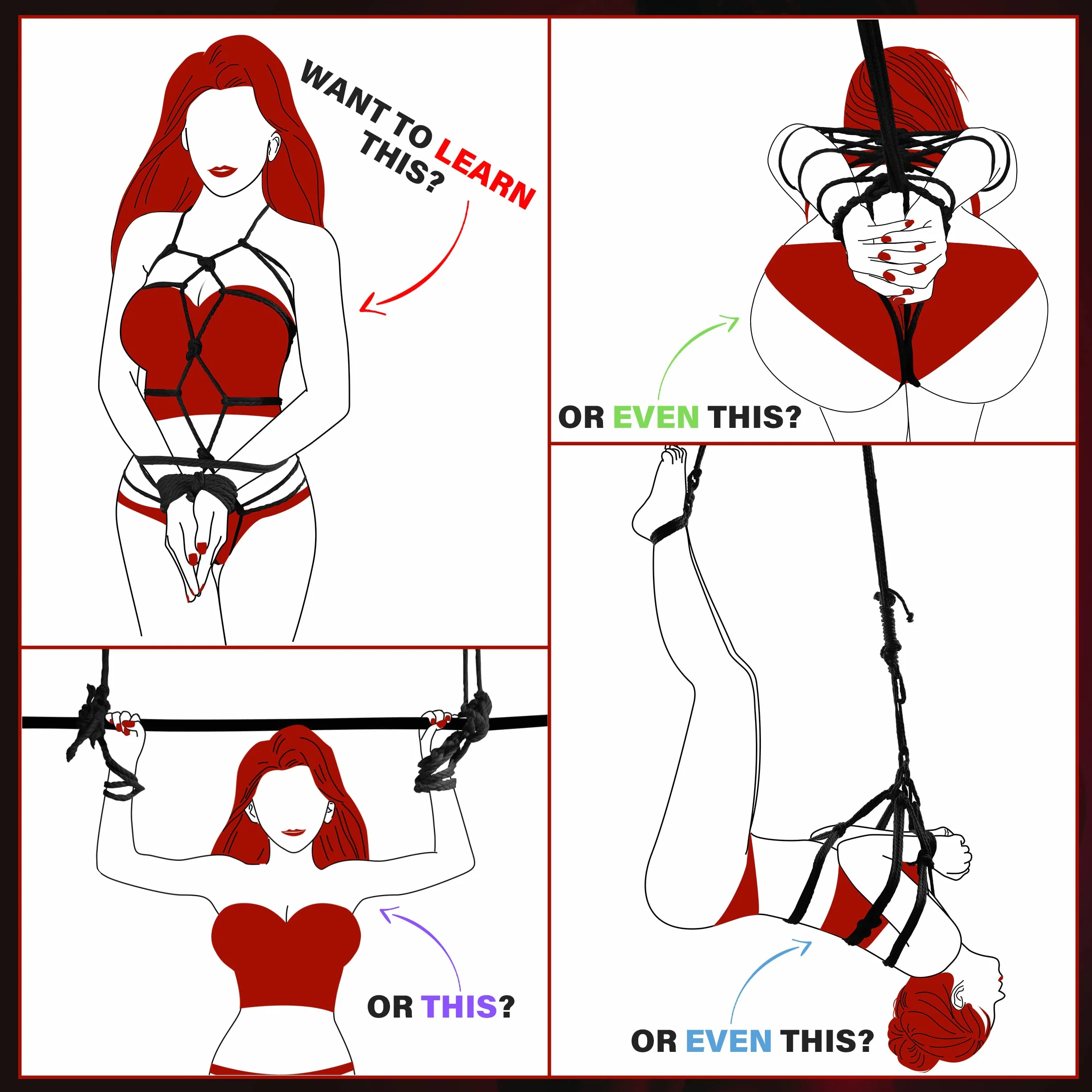 Corda di Shibari BDSM per Principianti Morbido Cotone 3x10M 8MM Set Nero+Rosso