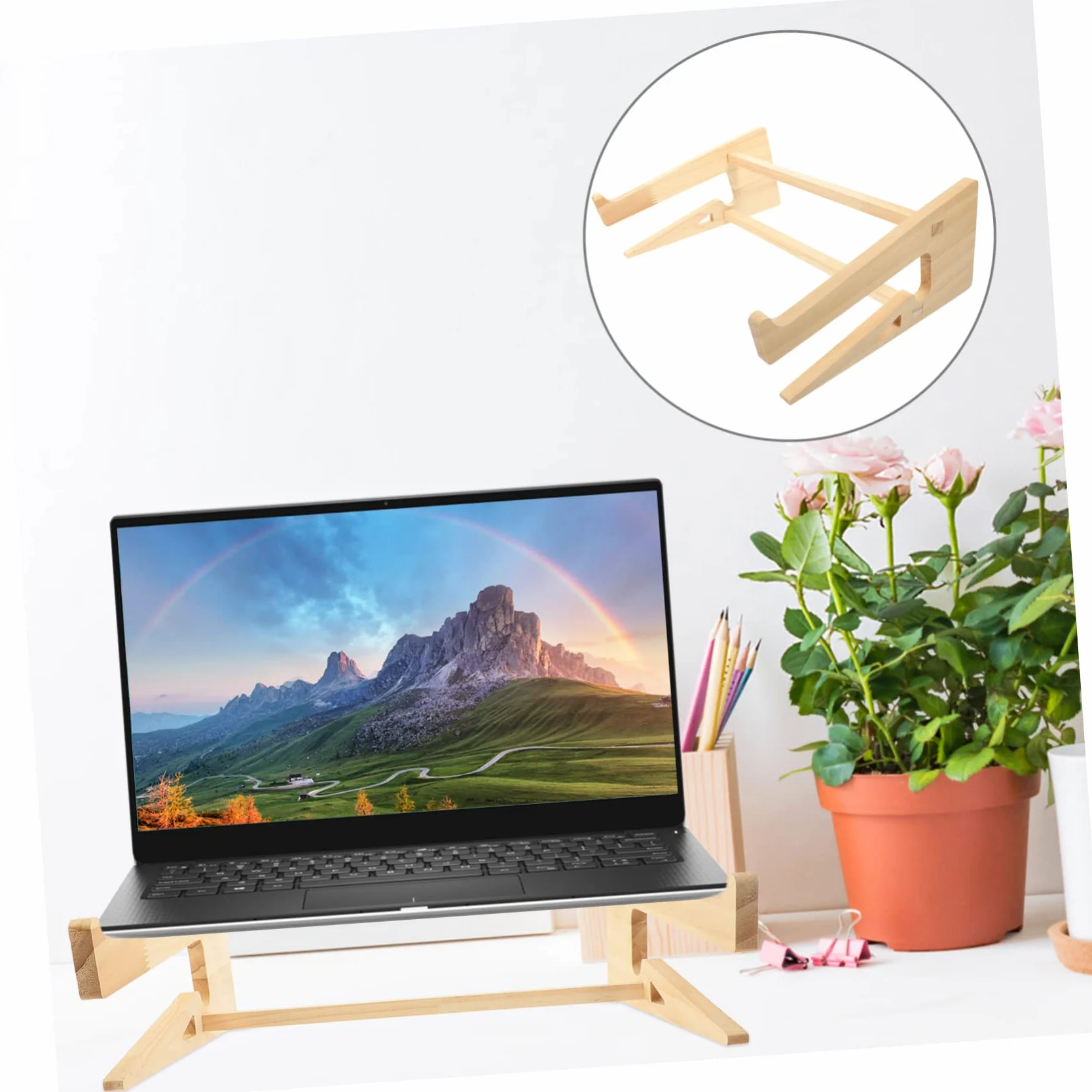 4 Pezzi Supporto per Laptop in Legno Massello Rialzato Ergonomico per Scrivania Stand Portatile Antiscivolo per Notebook e Tastiera Design Salvaspazio per e Casa