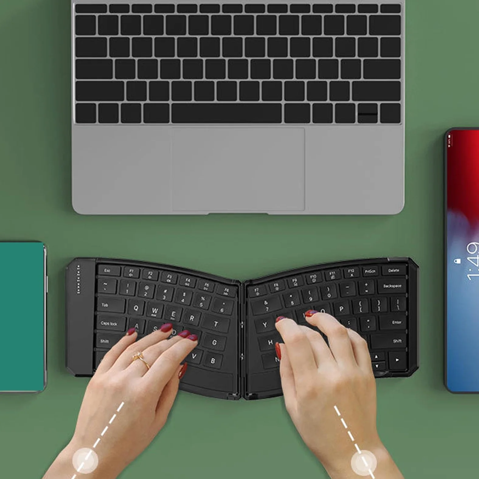 Jiawu Tastiera Ergonomica Pieghevole, Tastiera Bluetooth Portatile Divisibile, Supporta Tre Dispositivi Contemporaneamente, Tastierino Wireless a Forma di V a 80 Tasti, Ricaricabile