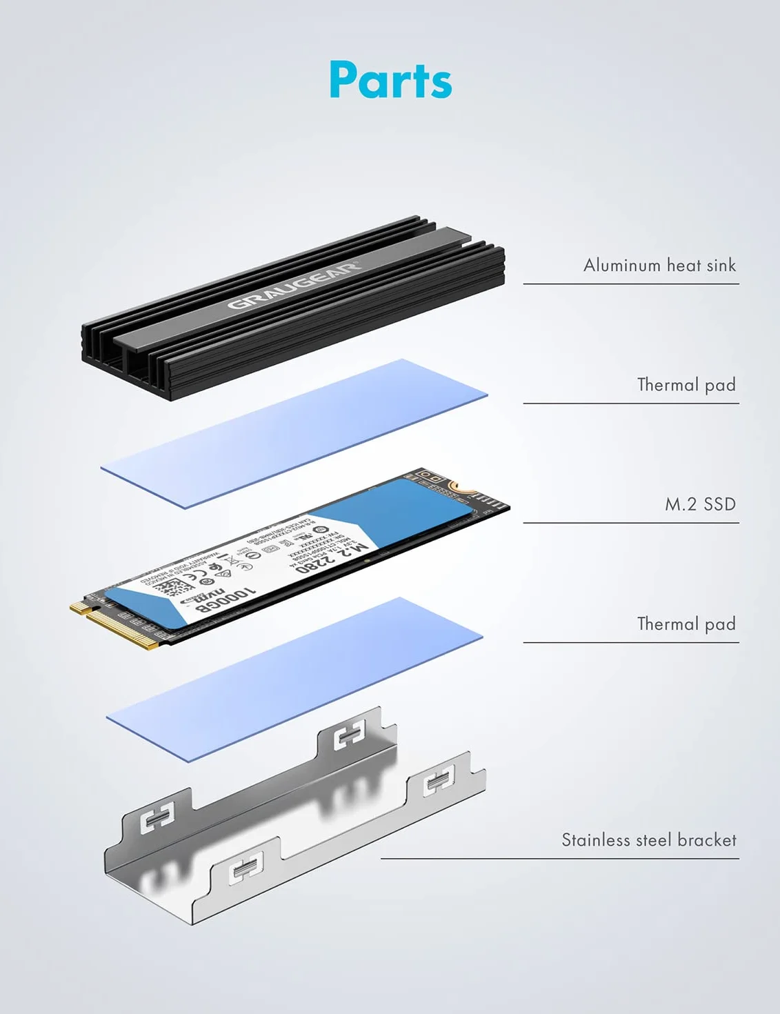 GRAUGEAR Dissipatore di calore per SSD M.2 NVMe (2280), passivo, kit di raffreddamento M.2, adatto per PlayStation®5 e PS5 Slim, 2 cuscinetti termici in silicone, alluminio