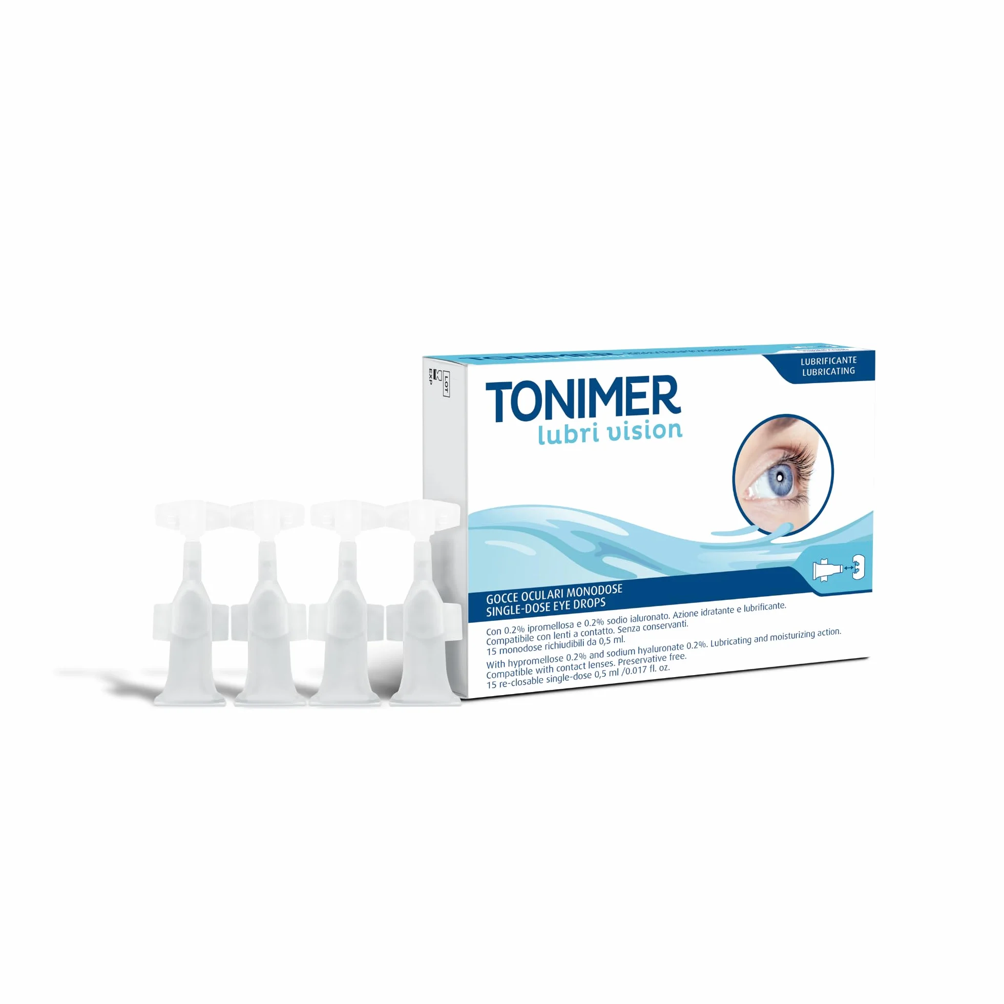 Tonimer Lubri Vision Gocce Oculari Monodose 15x0,5ML Lubrificante Lunga Durata Compatibile Lenti a Contatto Senza Conservanti