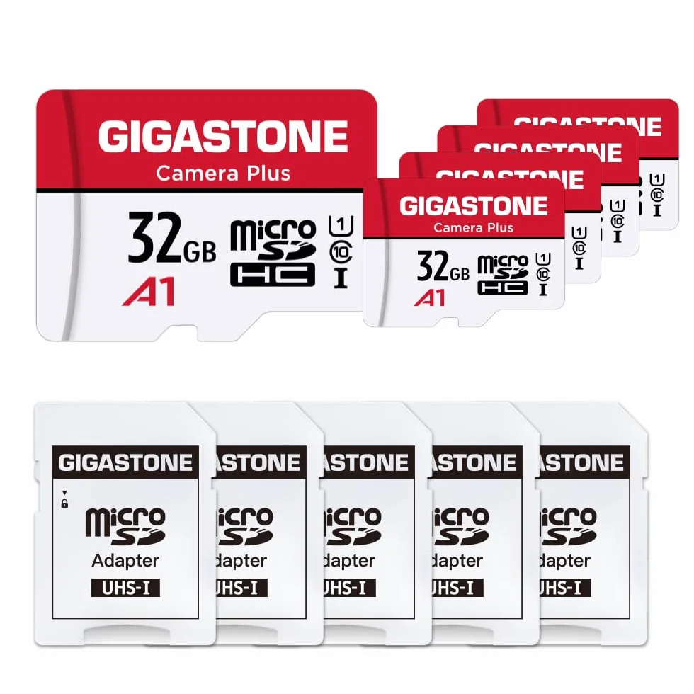 GIGASTONE Micro SD 32 GB, Camera Plus Serie, Set da 5, A1 U1 C10 UHS-1, Per GoPro Fotocamera Videocamera, Velocità Fino a 90/20 MB/Sec(R/W), con Adattatore Scheda SD