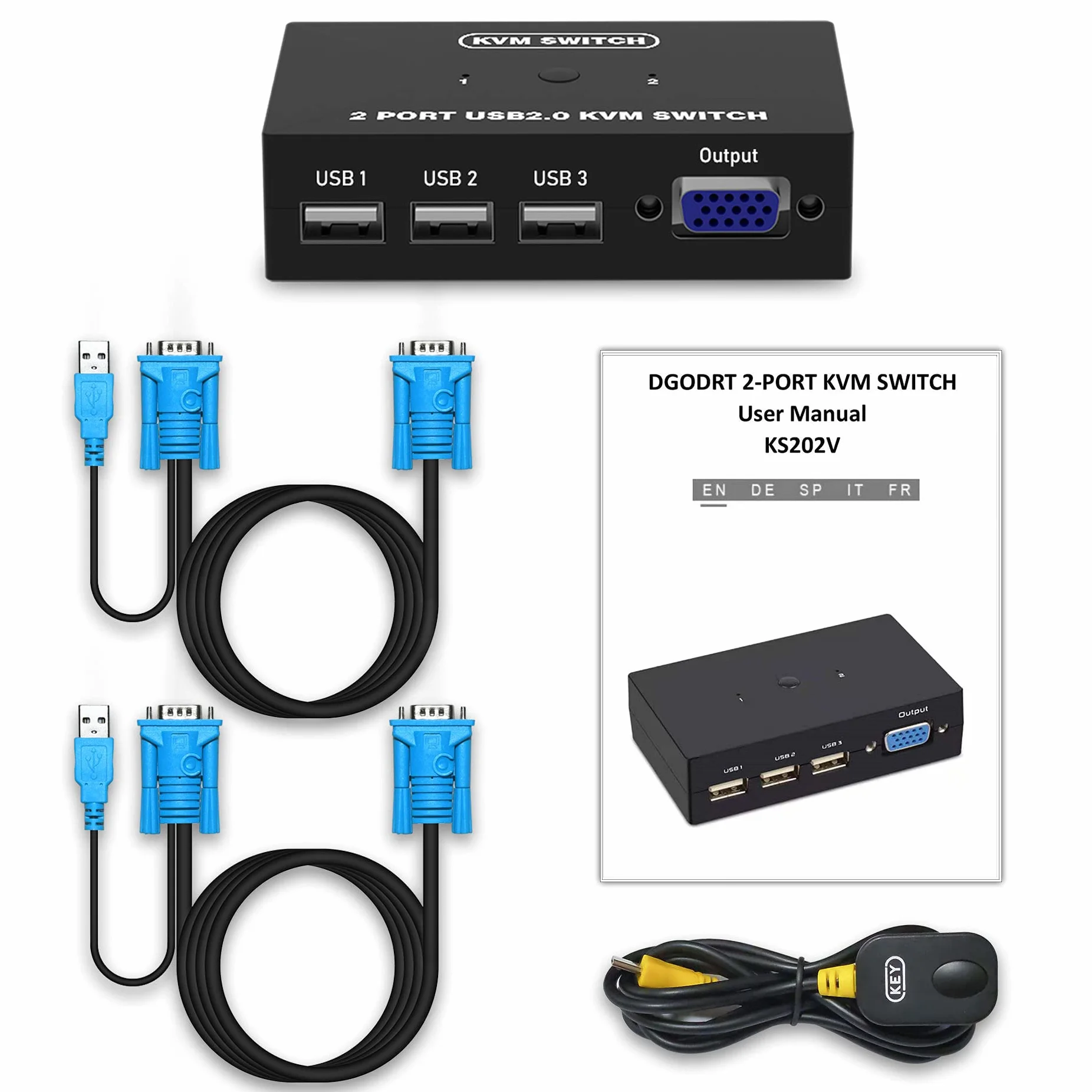 VGA KVM Switch, USB e VGA Commutatore con Cavi KVM, 2 computer condividono Monitor Tastiera Mouse