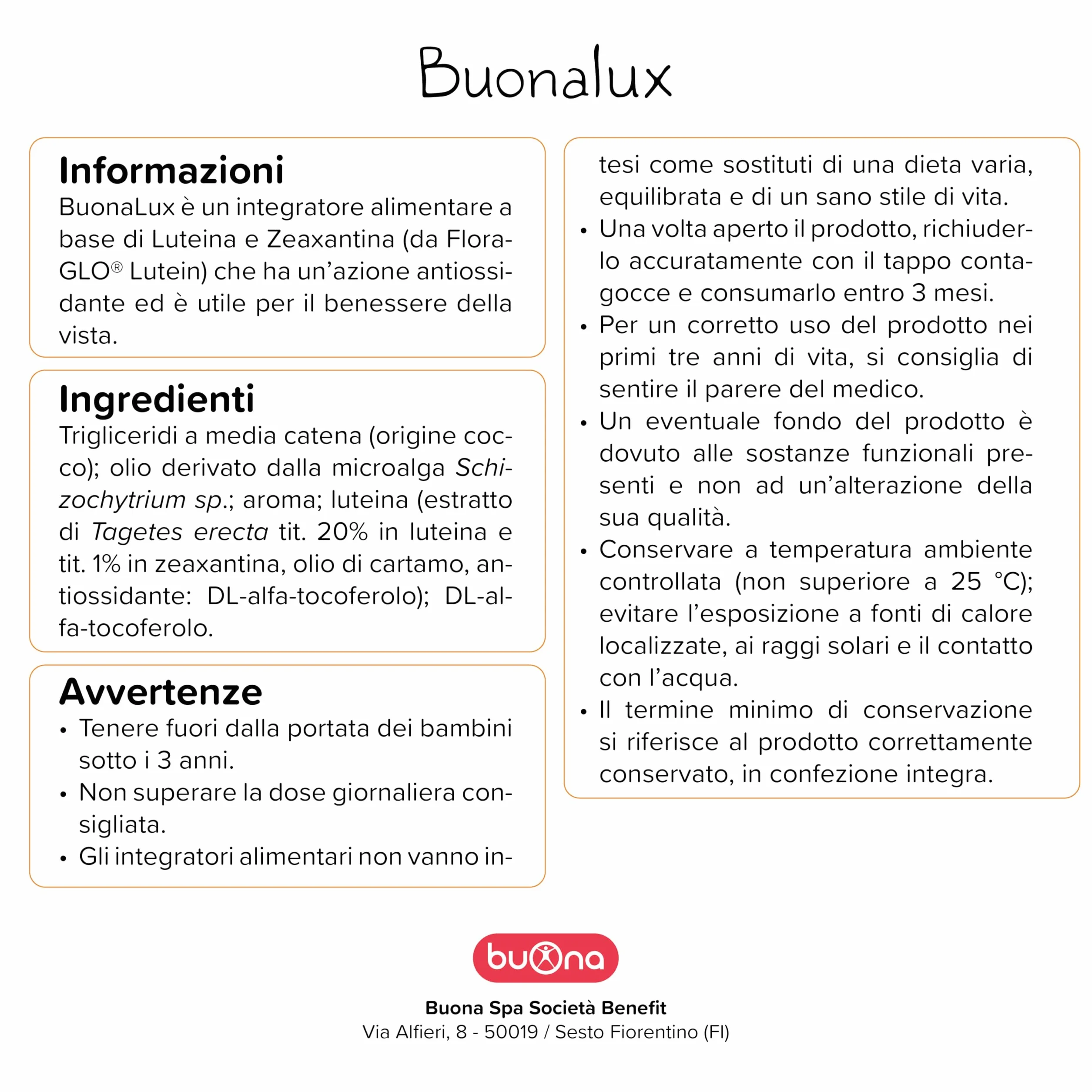 BuonaLux Gocce 6,5ml Integratore Alimentare Occhi Bambini Luteina Zeaxantina FloraGLO® Antiossidanti Senza Glutine Lattosio Made in Italy