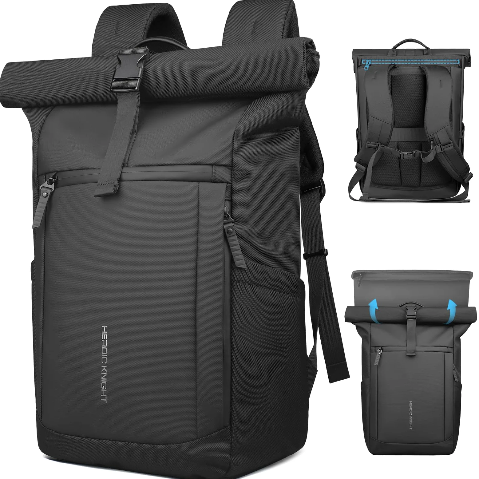 hk Zaino Roll Top Uomo Donna, Espandibile Zaino Porta PC 15,6 Pollici | Antipioggia e Antifurto per Tempo Libero, Ufficio, Università, Pendolari, Nero(20‑27 L)
