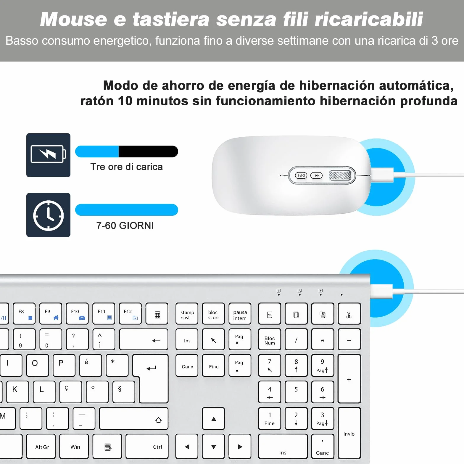 Tastiera e Mouse Wireless - cimetech Tastiera Wireless Ricaricabile 2.4G, Layout Italiano QWERTY, Tastiera Design Ergonomico, Ultra Sottile per Computer/Desktop/PC/Laptop/Windows 10/8/7 (argenteo）