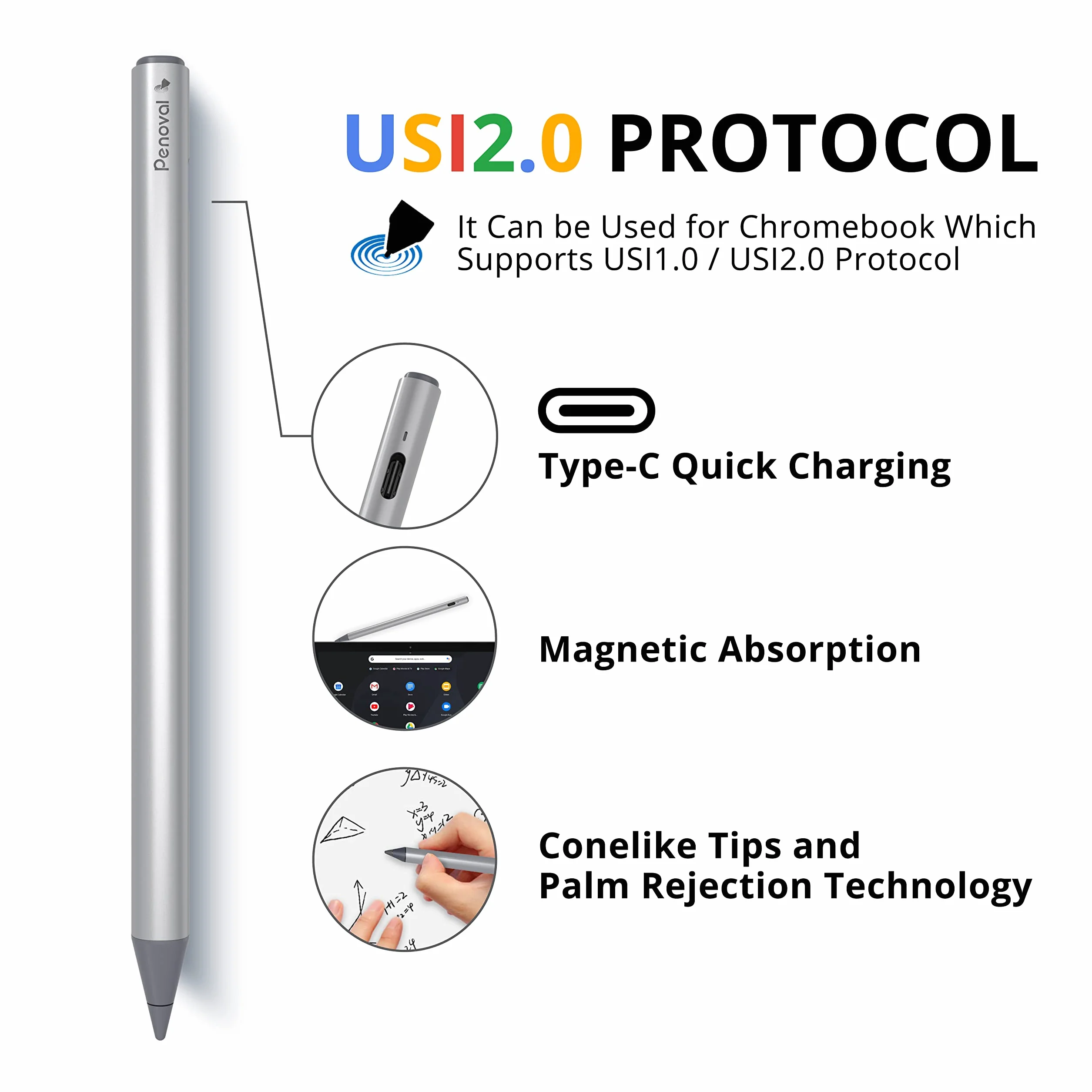 Penoval USI 2.0 Eingabestift für Chromebook, 4096 Druckstufen, magnetisch, für Google Pixel Tablet, Amazon Fire Max 11, Lenovo Chromebook Duet, HP Chromebook X360 14b, Ersatzspitzen enthalten.