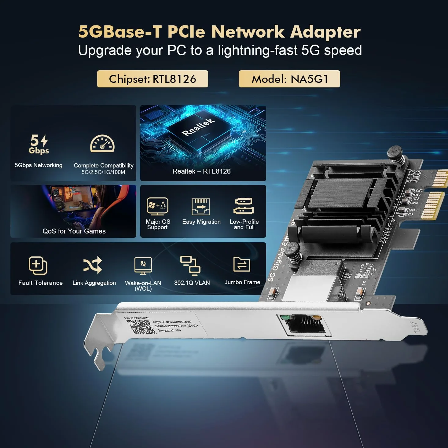 Binardat Adattatore di rete 5G PCIe, RTL8126 5G/2.5G/1G/100Mbps Ethernet Card RJ45 LAN Controller a basso profilo, supporto PXE per Windows 11/10, Linux