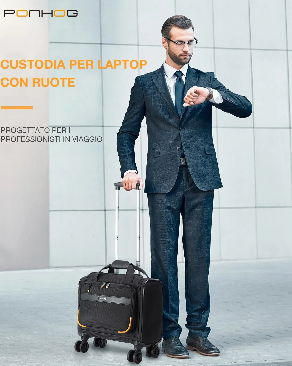 Ponhog Trolley per PC Portatili 15.6 Pollici, Borsa per Laptop con 4 Ruote Rimovibili, Nero